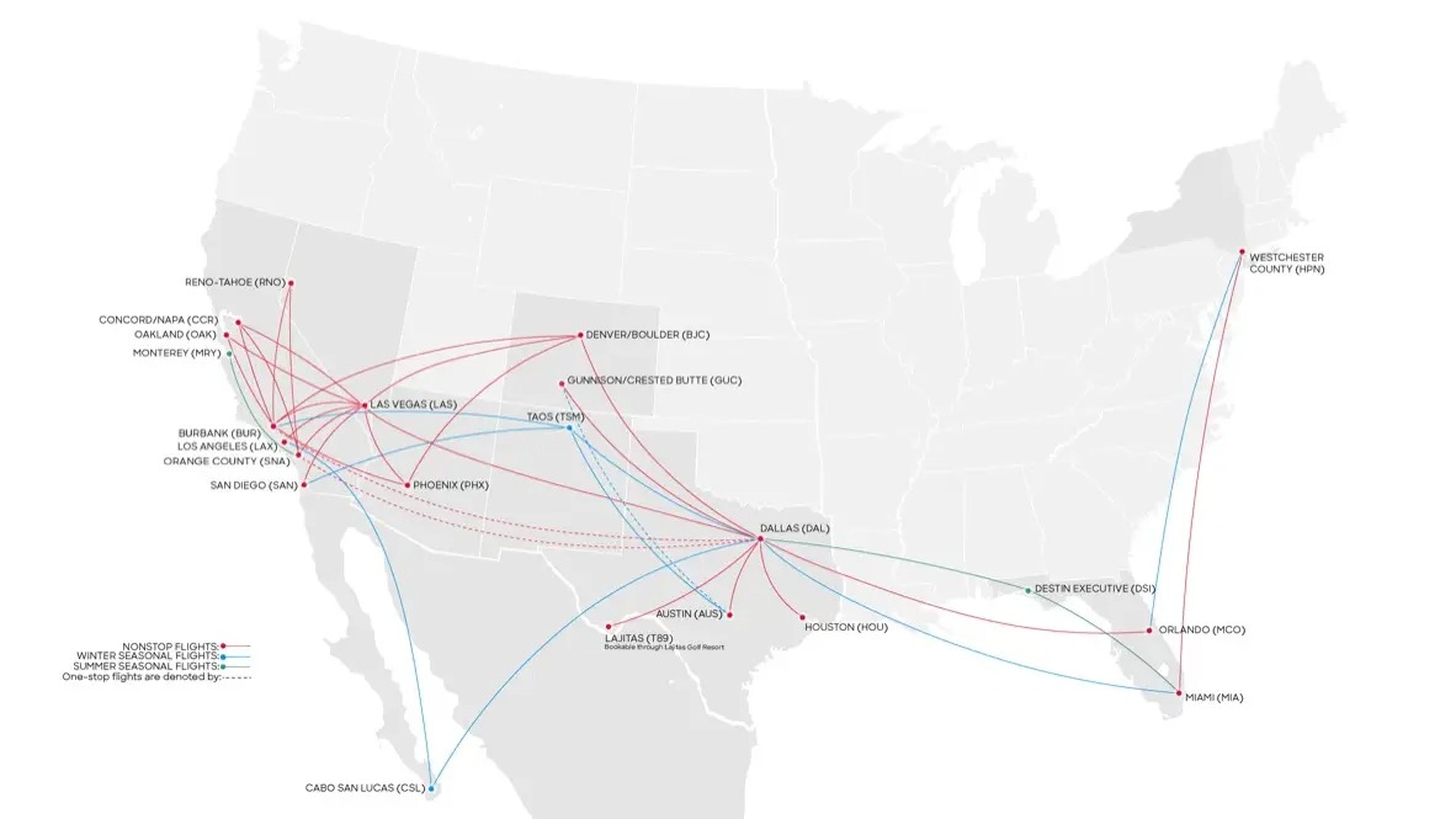 A route map displaying the flight paths JSX operates across the US and Mexico.