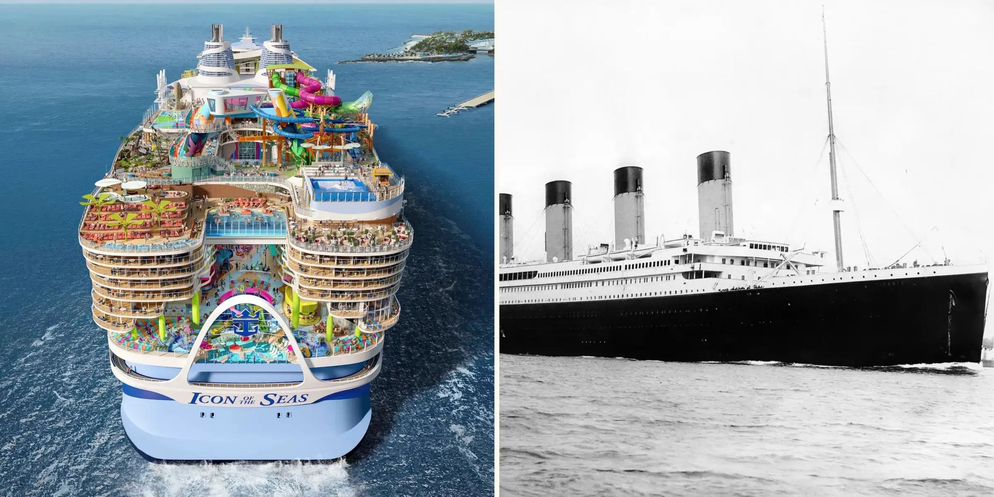 El Icon of the Seas de Royal Caribbean (izquierda); el RMS Titanic (derecha).