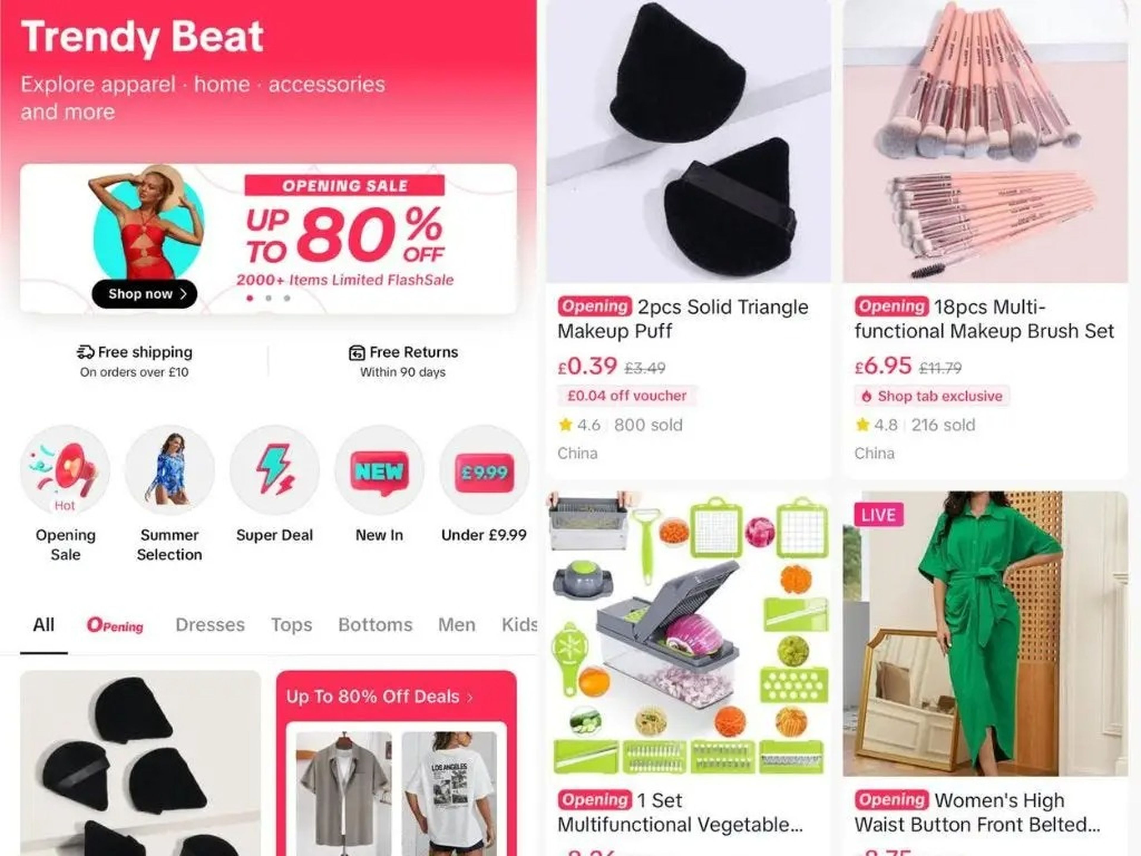 Capturas de pantalla de la función Trendy Beat de TikTok con imágenes y descripciones de productos.