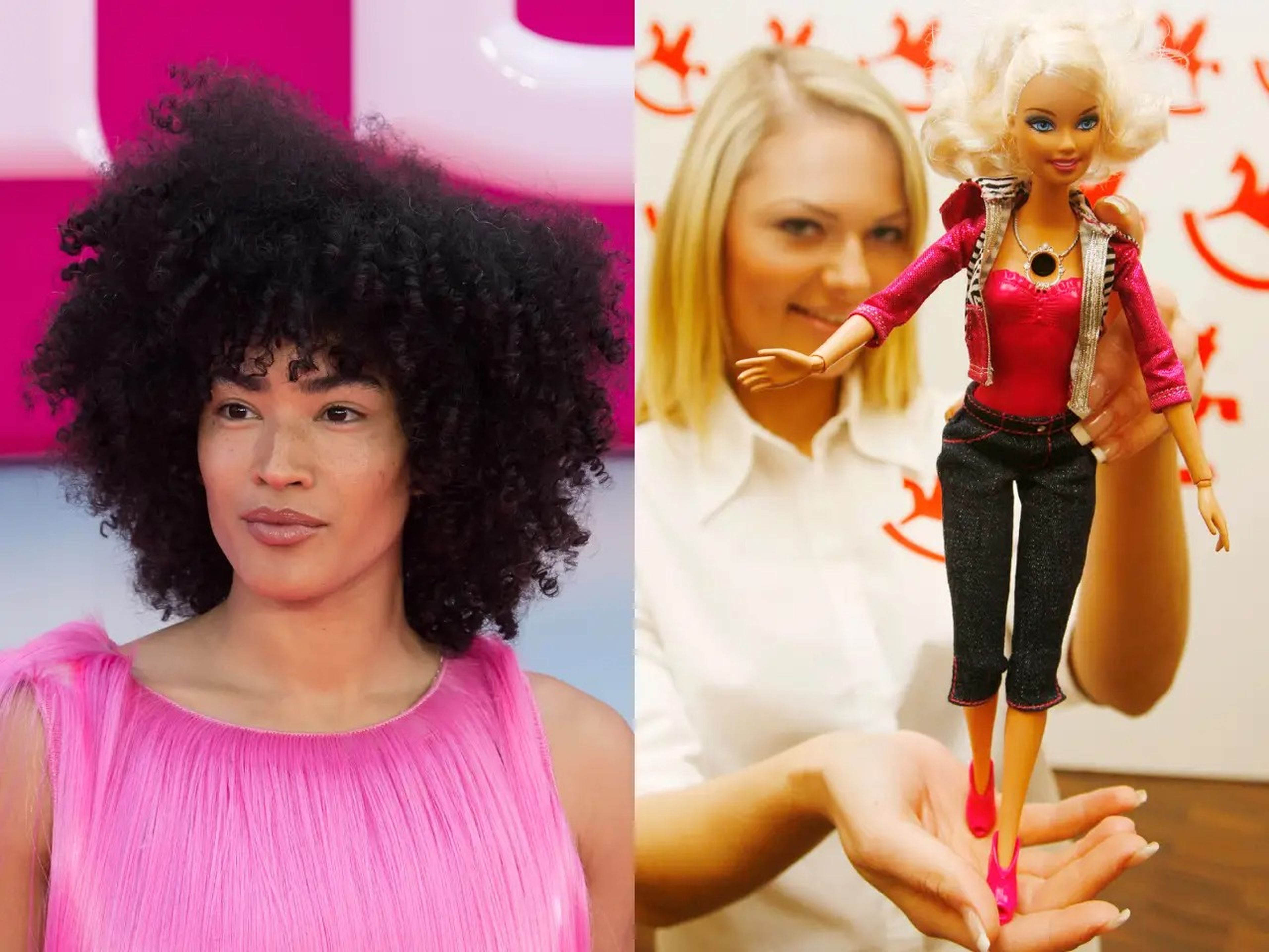 side-by-side of Mette Towley and a Video Girl Barbie doll