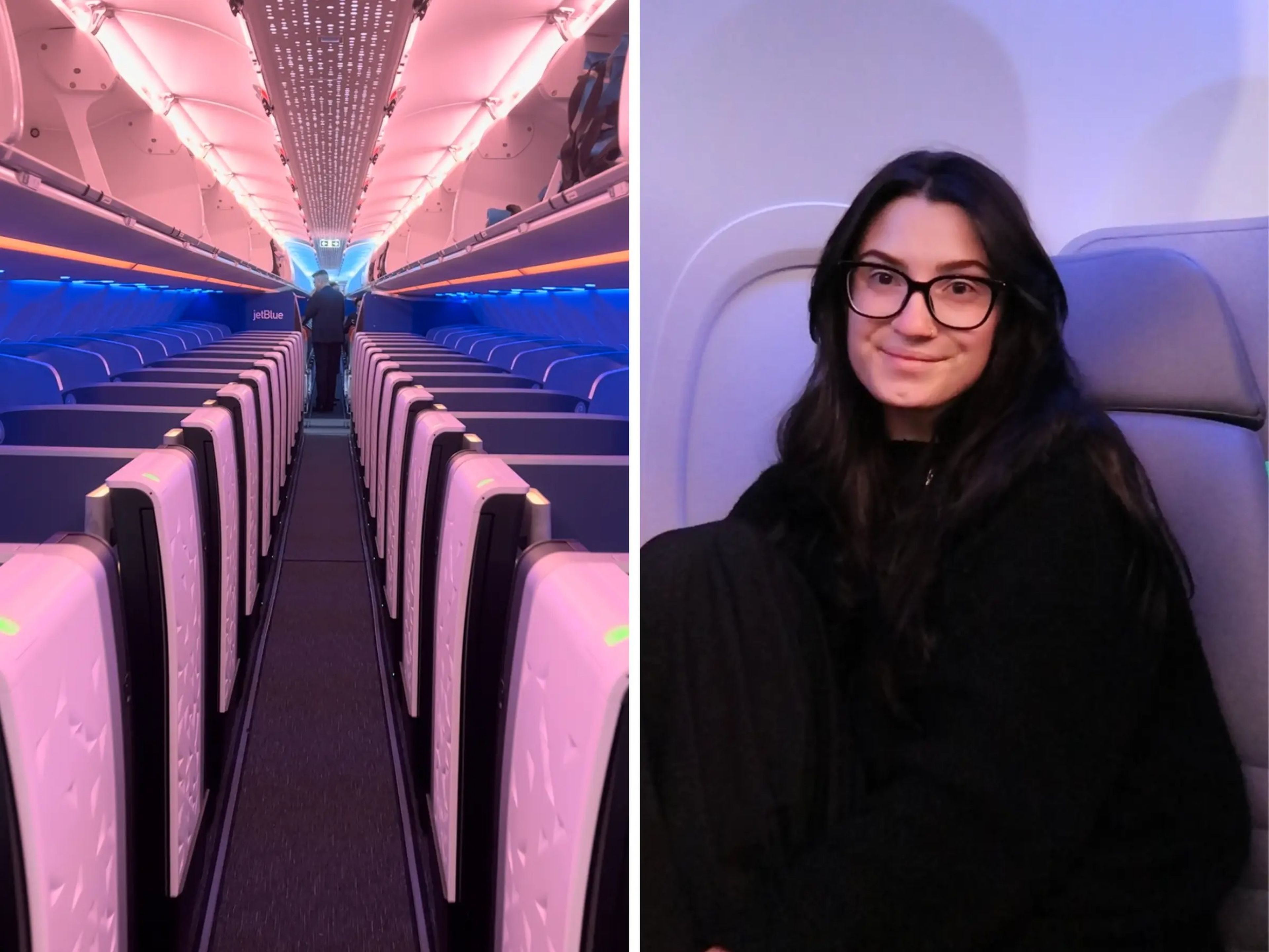 Side-by-side photos of JetBlue's Mint business class (left) and Insider's reporter in her seat (right).