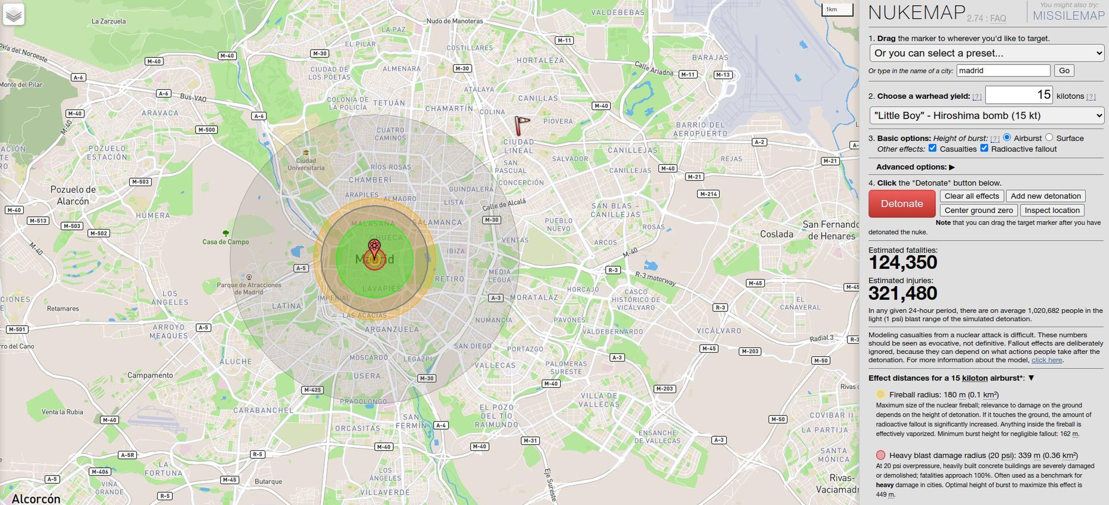 Simulación del lanzamiento de la bomba nuclear Little Boy sobre Madrid.