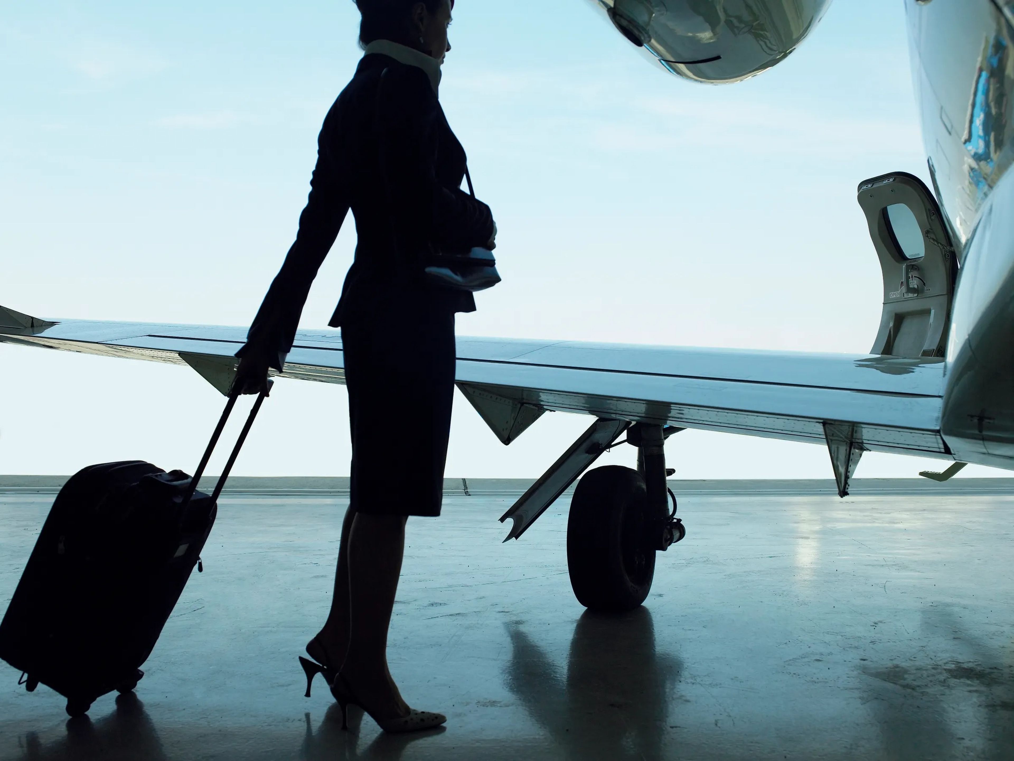 stock image of flight attendant in uniform holding roller suitcase by plane wing