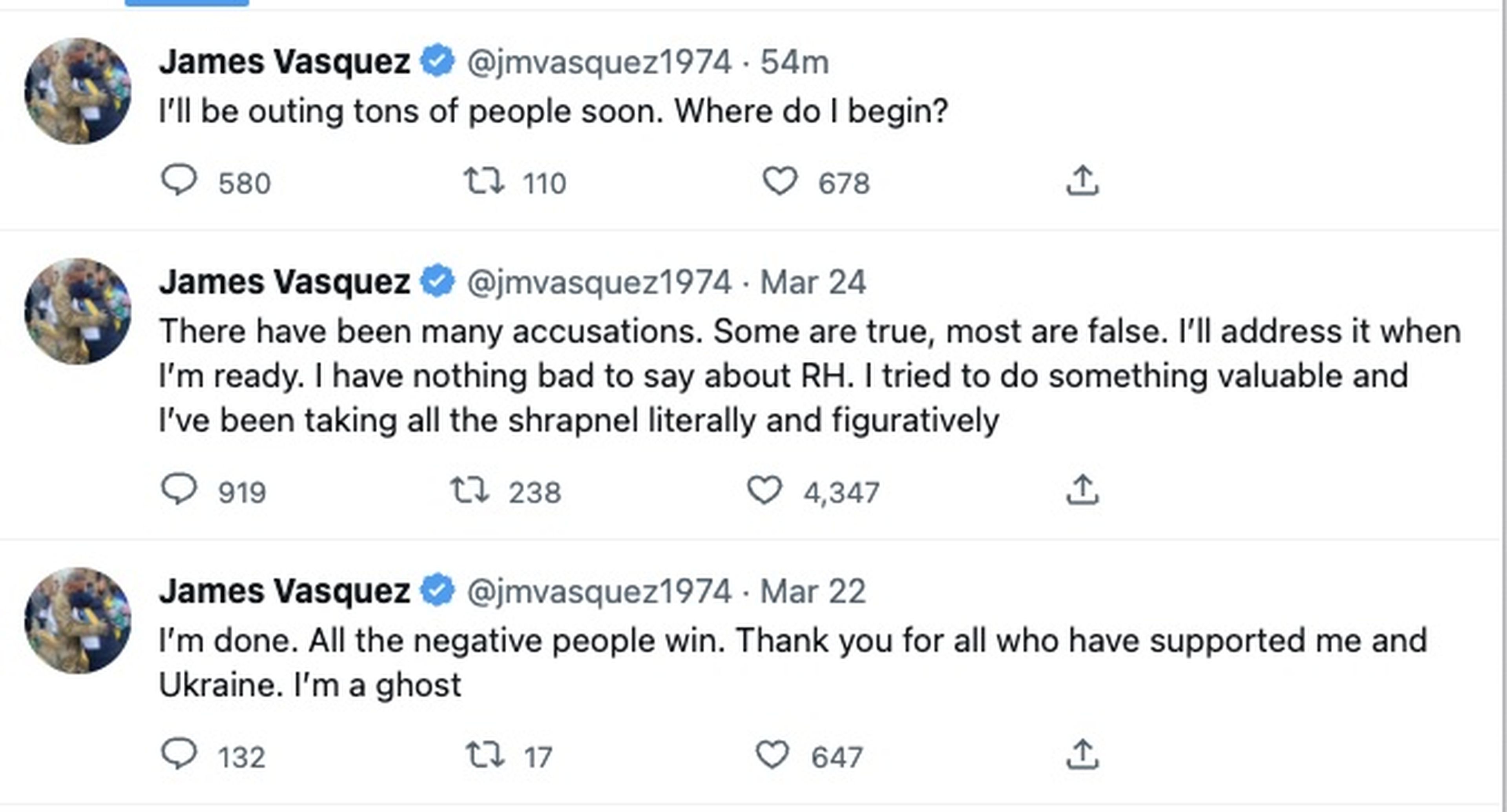 Vásquez publicó una serie de misteriosos tuits en marzo antes de desaparecer durante varios meses.