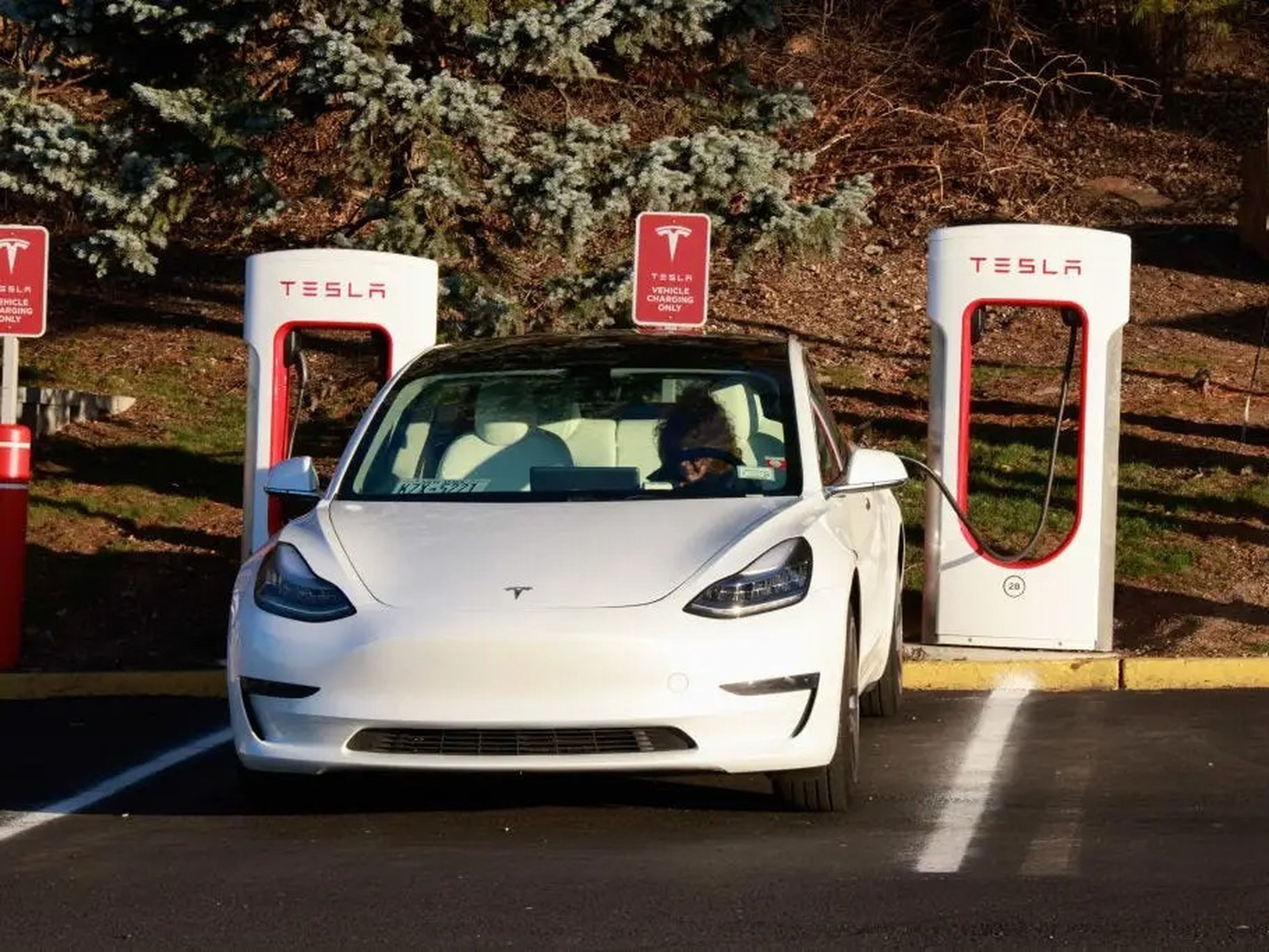 Tesla Model 3 blanco cargando en una estación de Supercargadores.