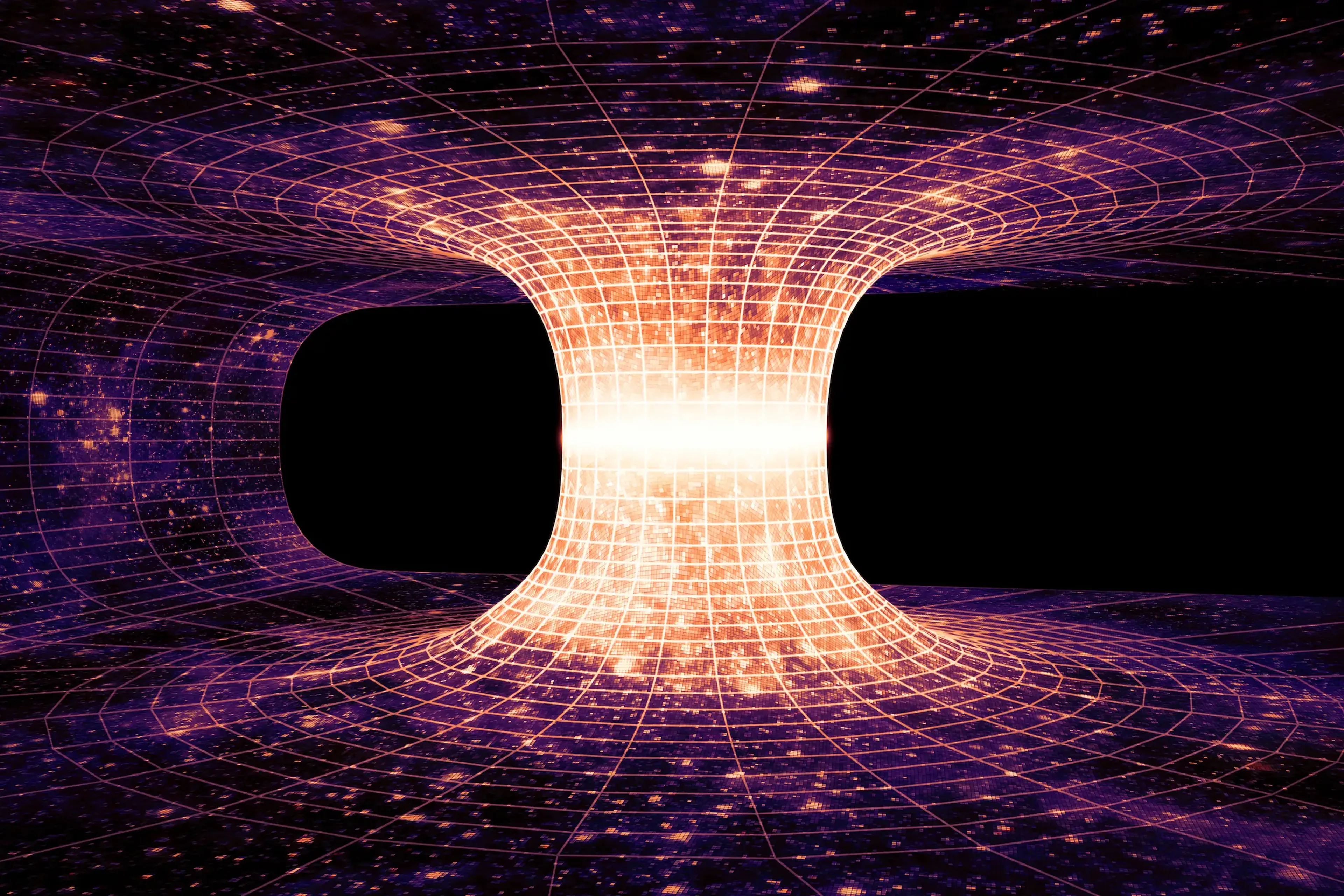 Ilustración de un puente de Einstein-Rosen, o agujero de gusano en el tejido del espacio.