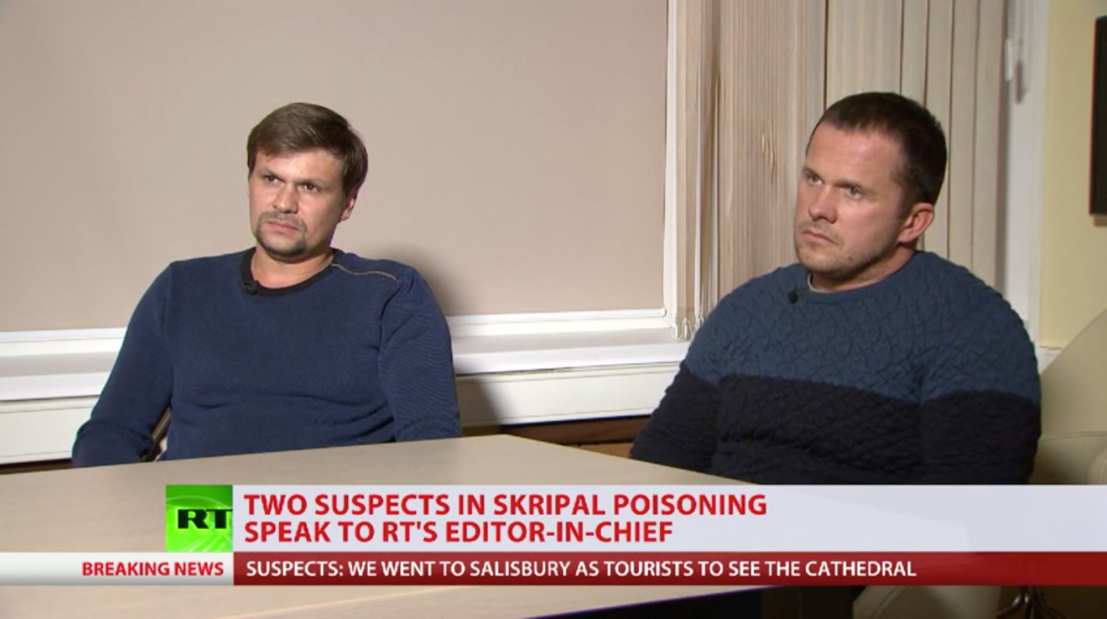 Alexander Petrov y Ruslan Boshirov aseguraron al redactor jefe de RT que no tuvieron nada que ver con el envenenamiento de los Skripal. 