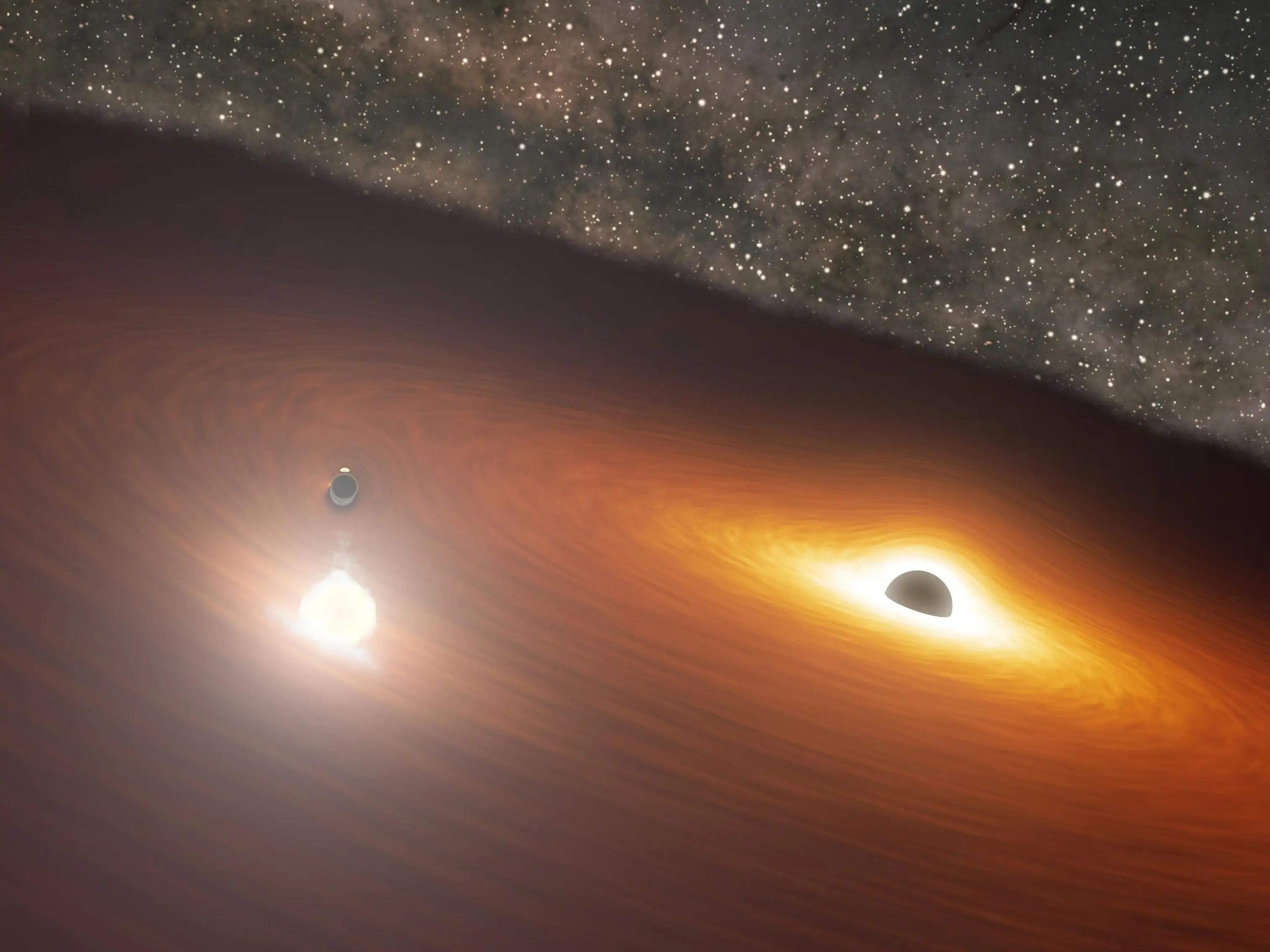 Representación artística de dos agujeros negros en interacción.