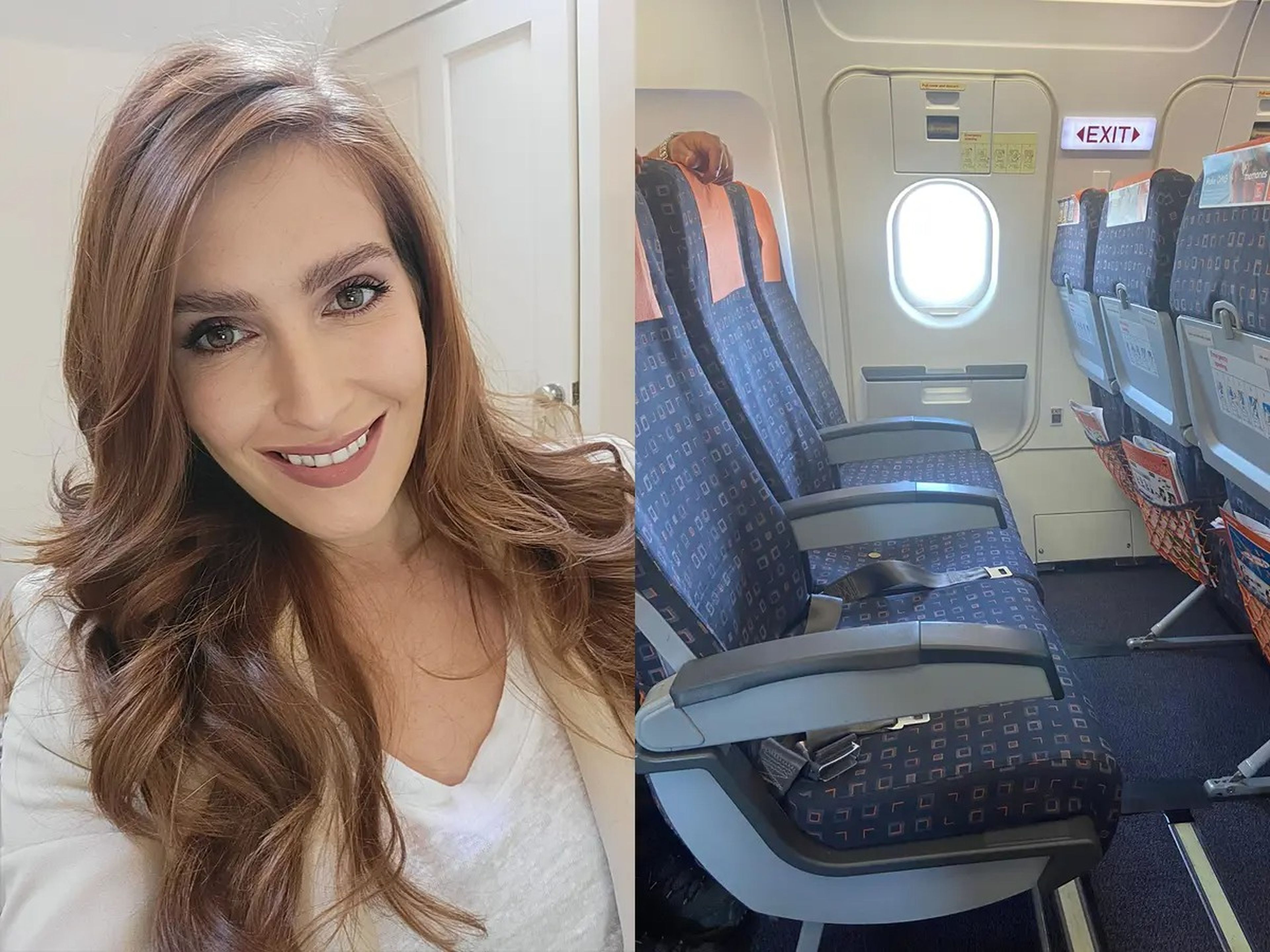 The author, Beth Windsor, smiling in a selfie next to a photo of a three-seat row of airplane seats