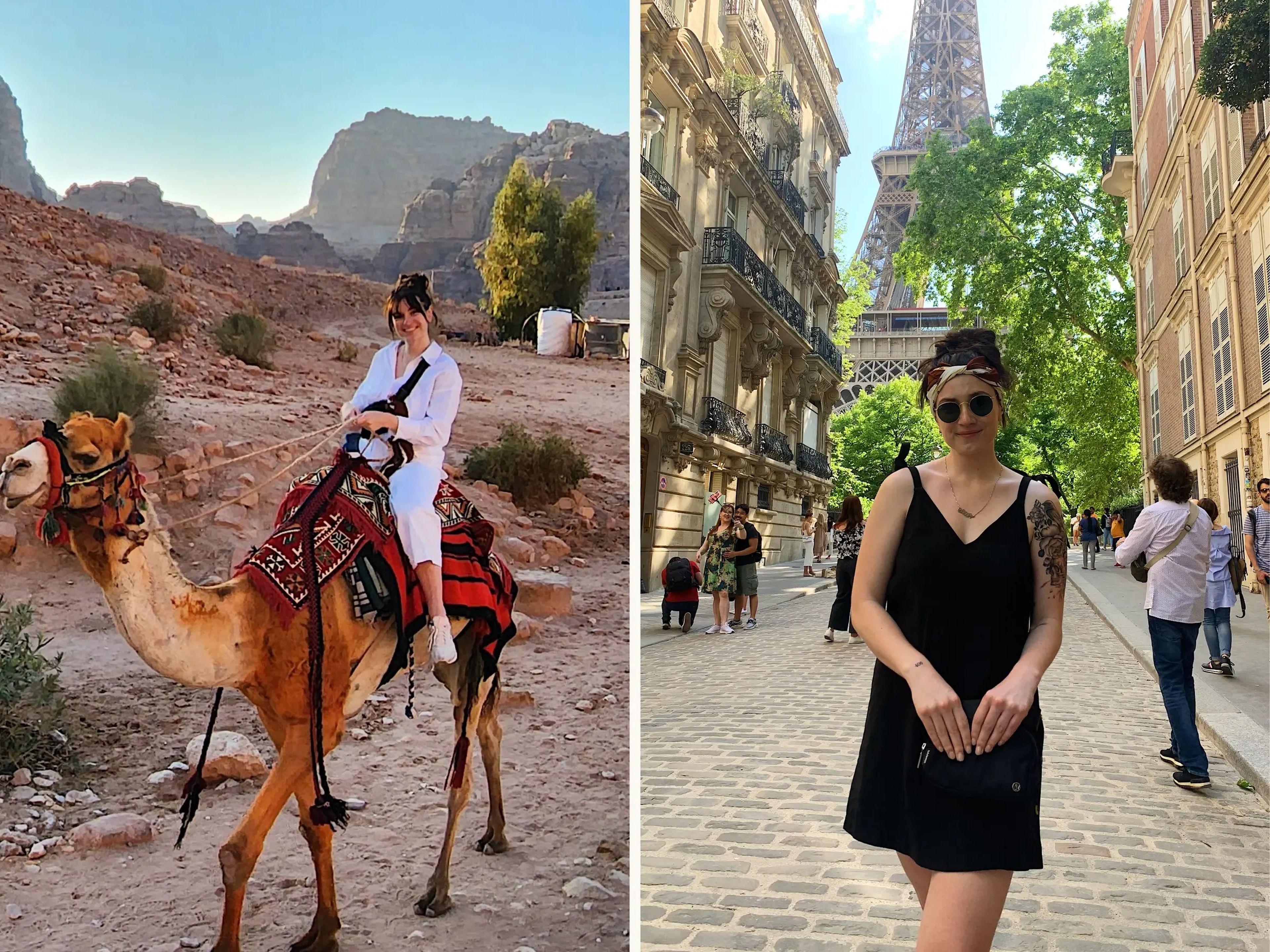 The author in Petra, Jordan (left); and at the Eiffel Tower in Paris, France (right).