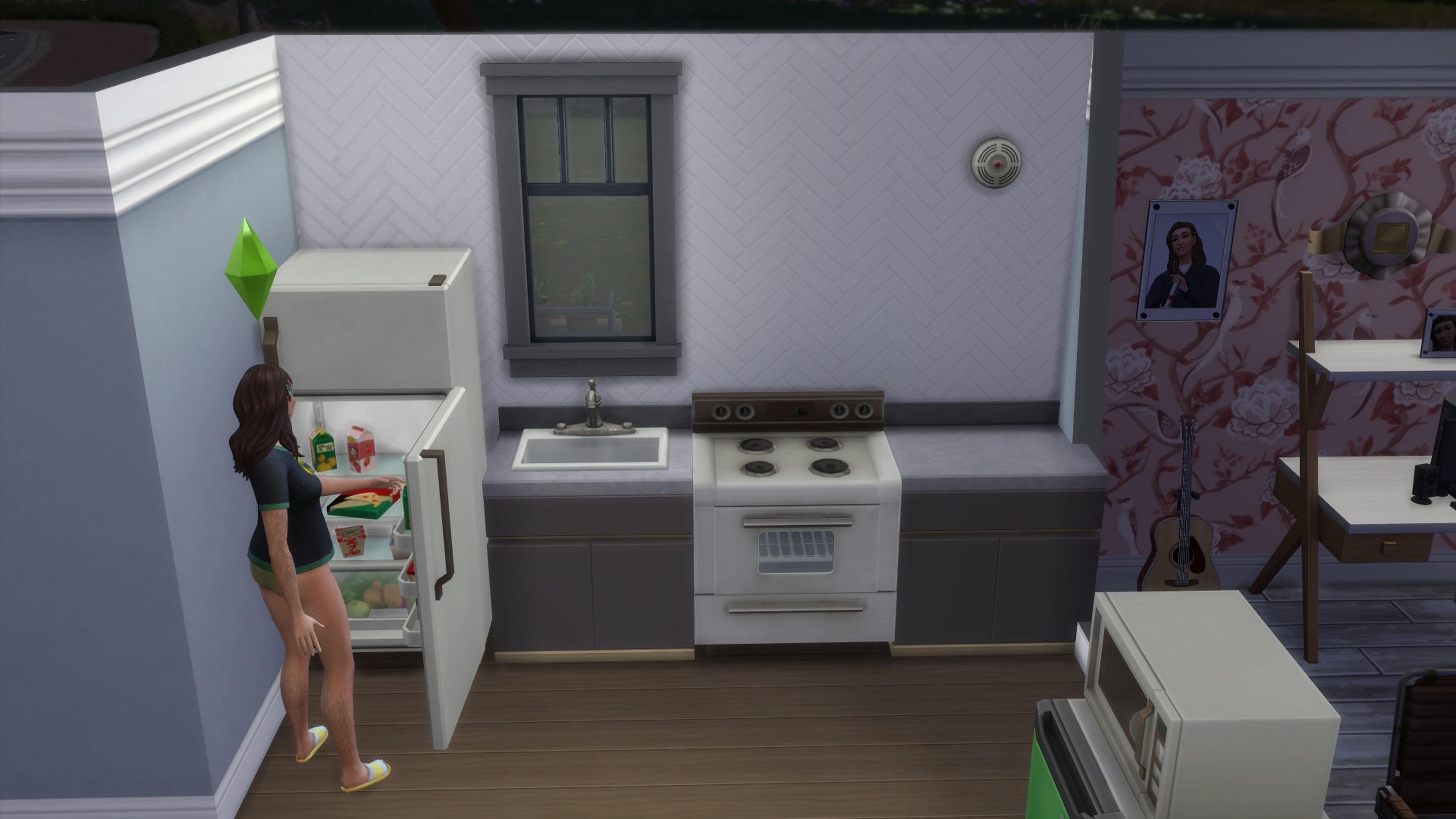 Captura de pantalla de Los Sims 4. Alarma de fuego en el hogar.