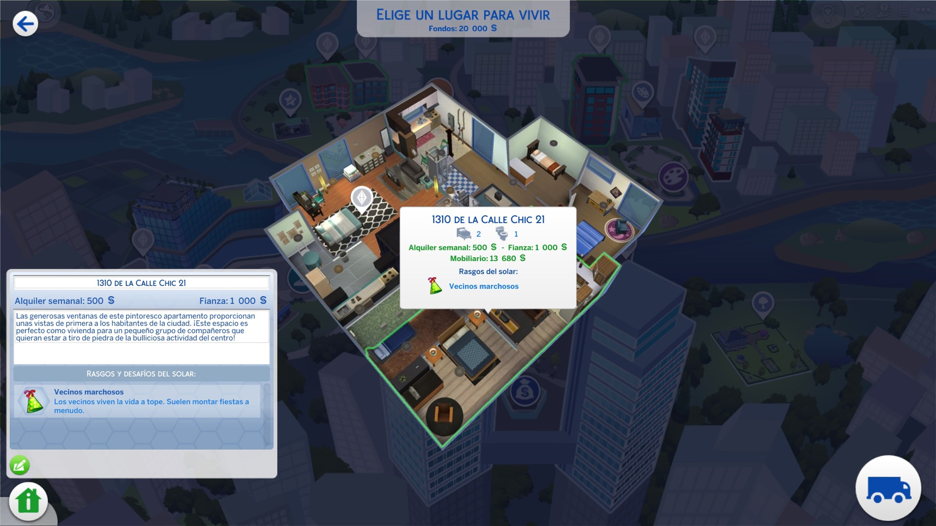 Captura de pantalla de Los Sims 4. Alquiler, fianza y mudanza.
