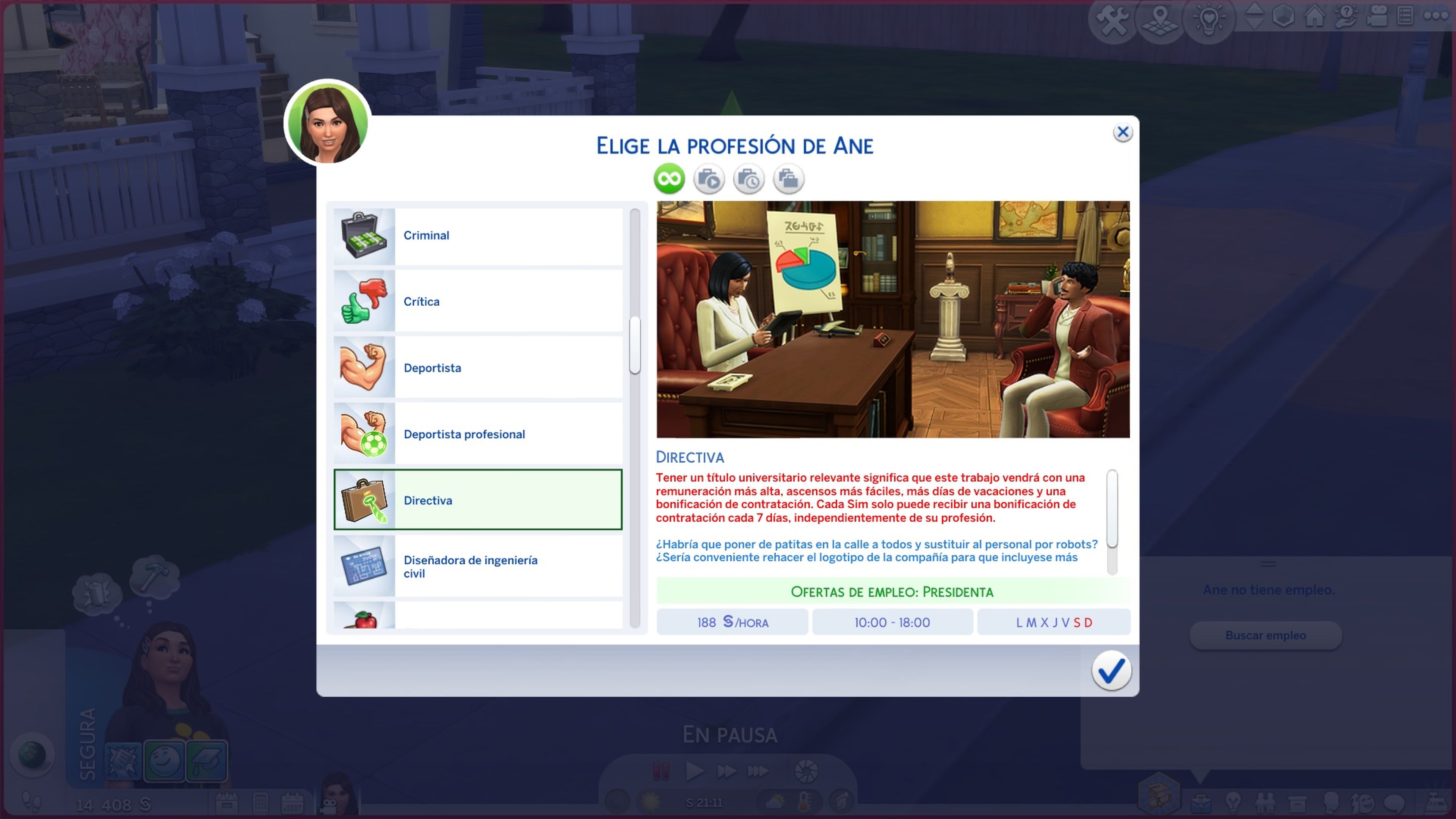 Captura de pantalla de Los Sims 4. Beneficios de tener una carrera universitaria.