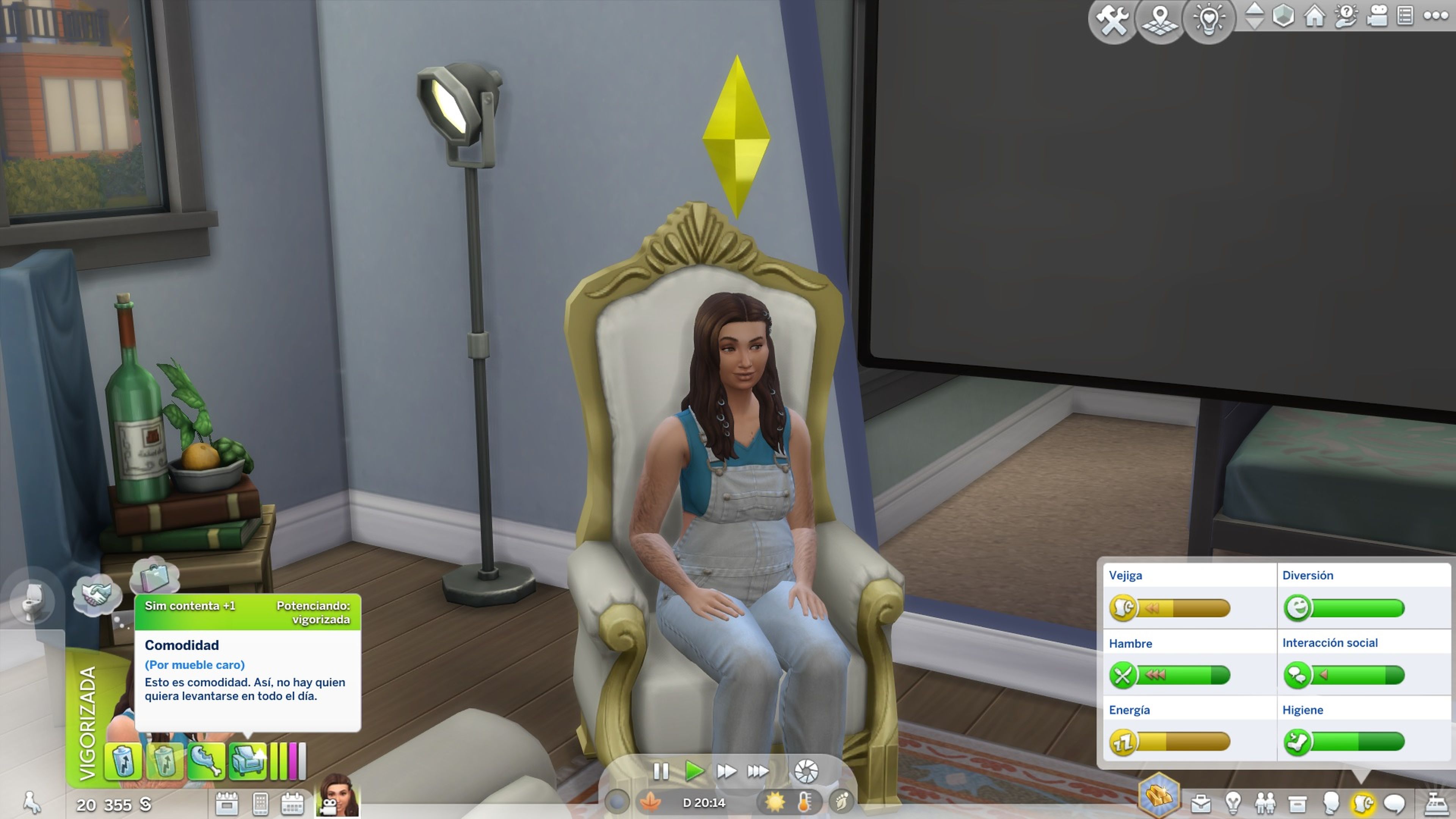 Captura de pantalla de Los Sims 4. Beneficios de tener un sofá caro. 