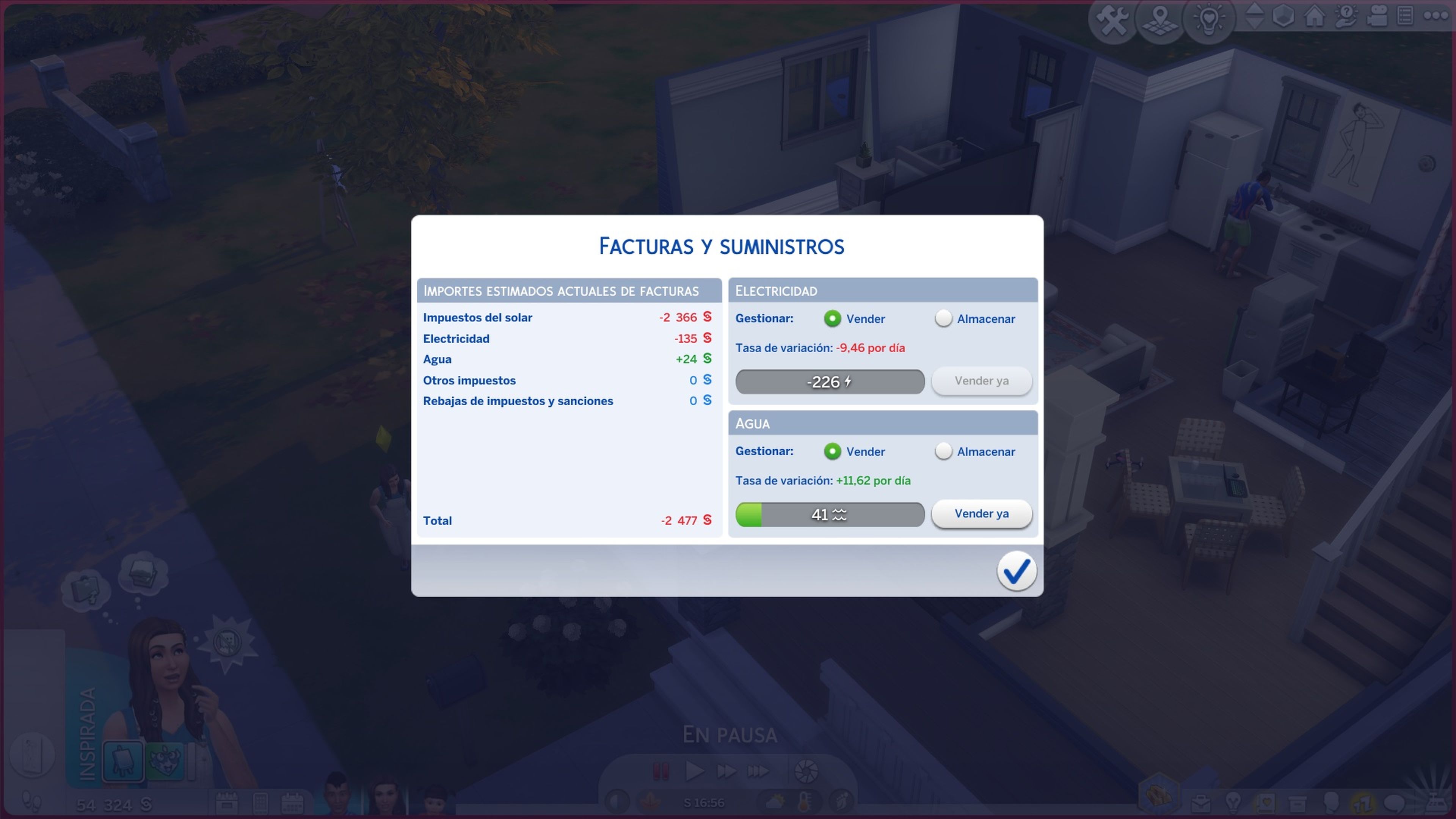Captura de pantalla de Los Sims 4. Facturas del hogar.