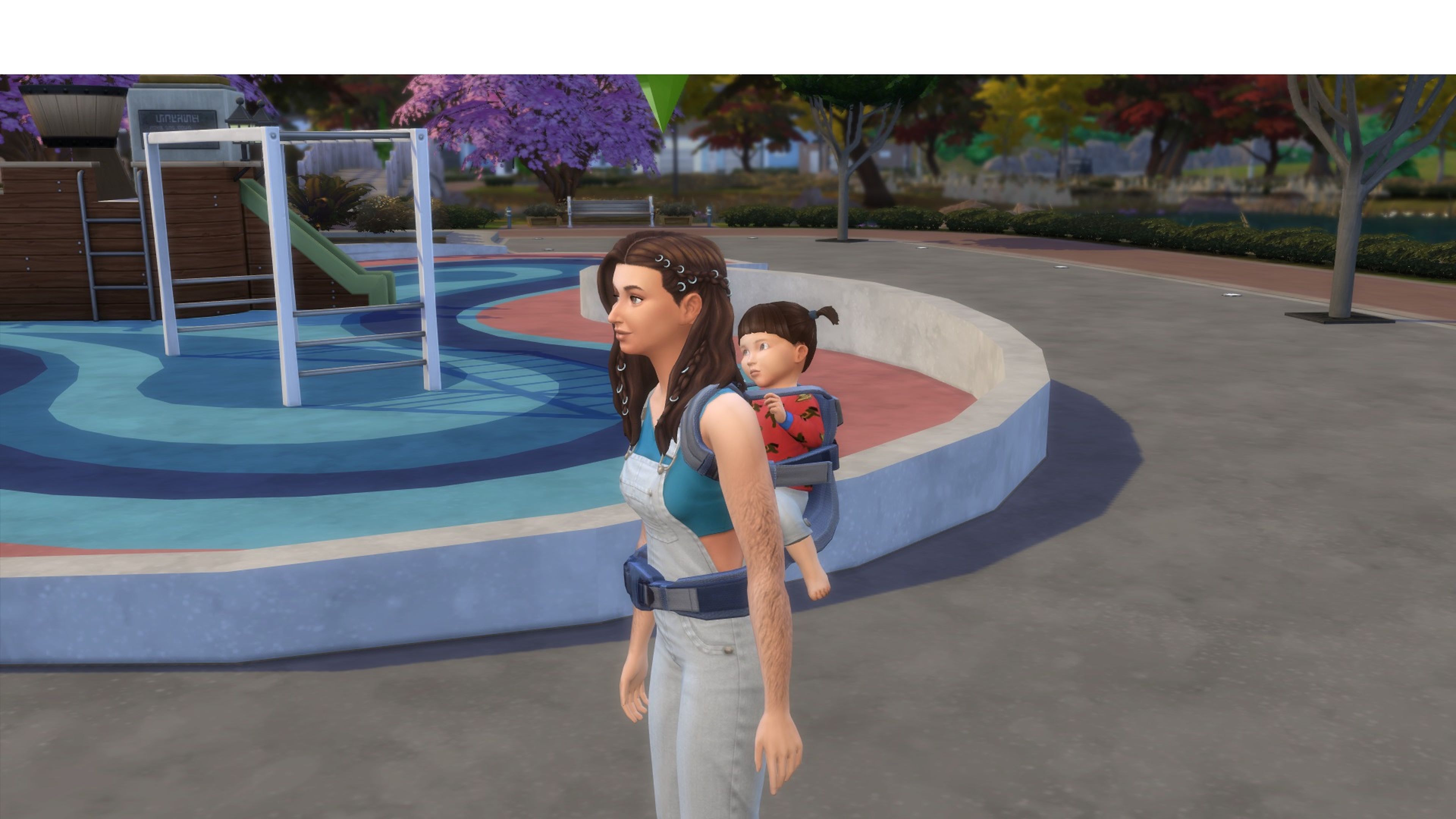 Captura de pantalla de Los Sims 4. Una madre pasea con su hija. 