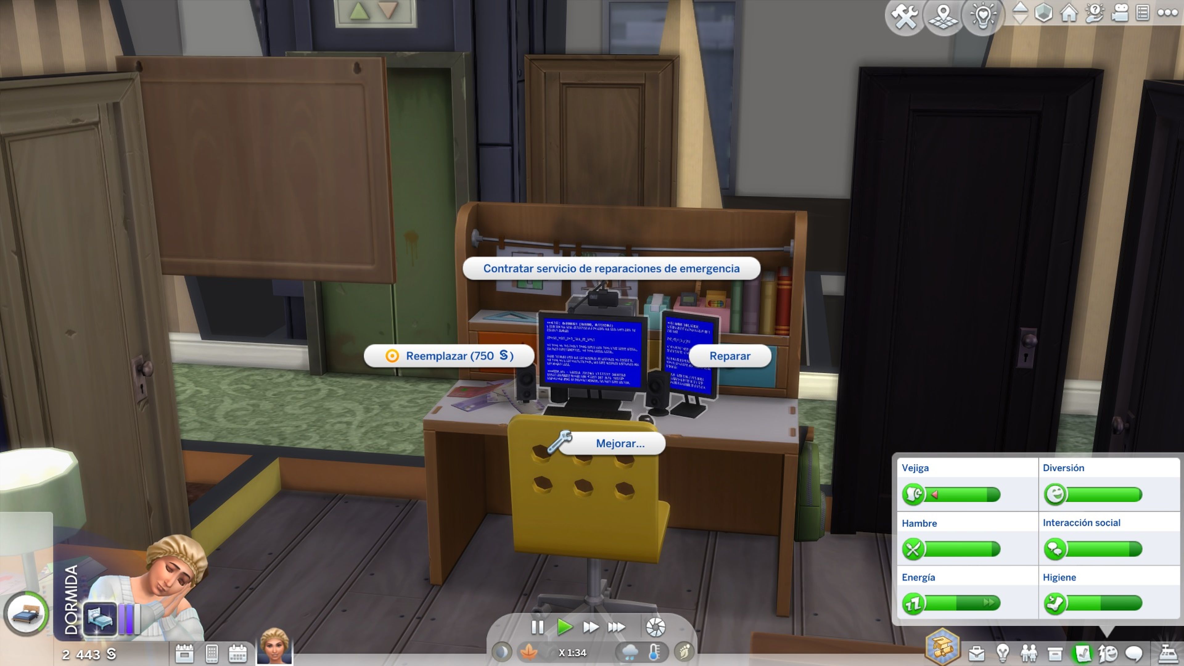 Captura de pantalla de Los Sims 4. Ordenador roto.