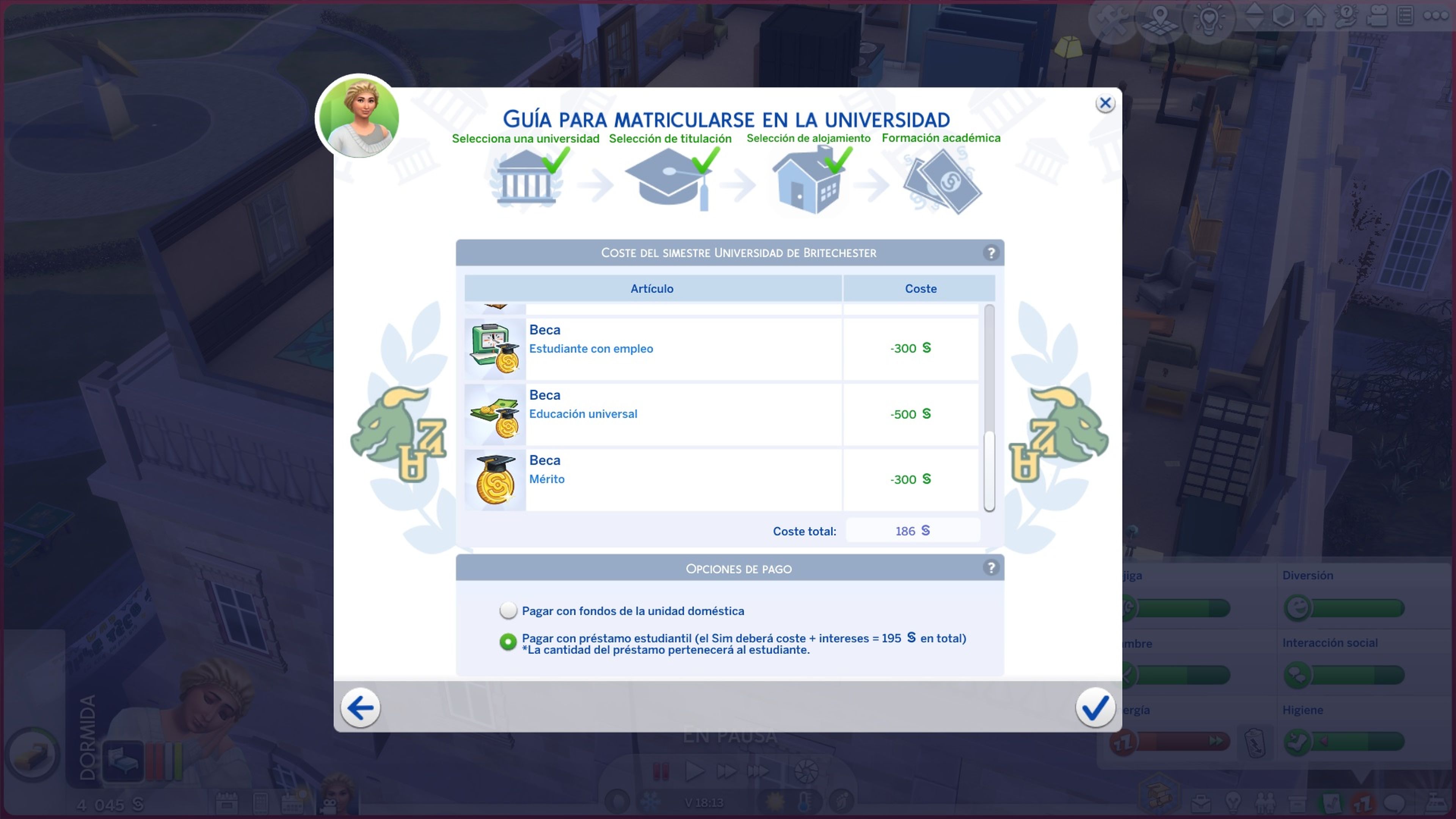 Captura de pantalla de Los Sims 4. Pago de la universidad.
