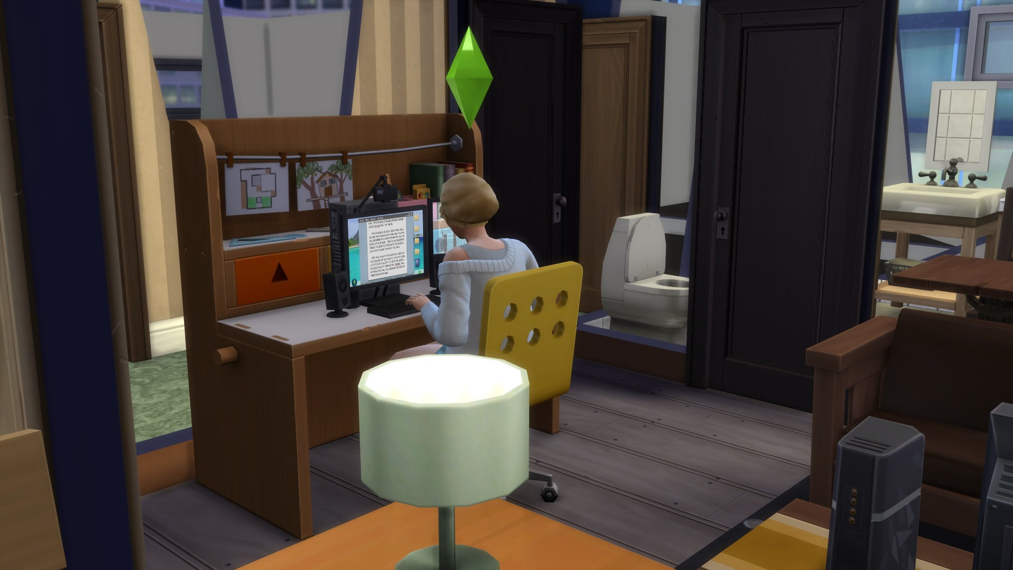Captura de pantalla de Los Sims 4. Un Sim escribe en el ordenador.