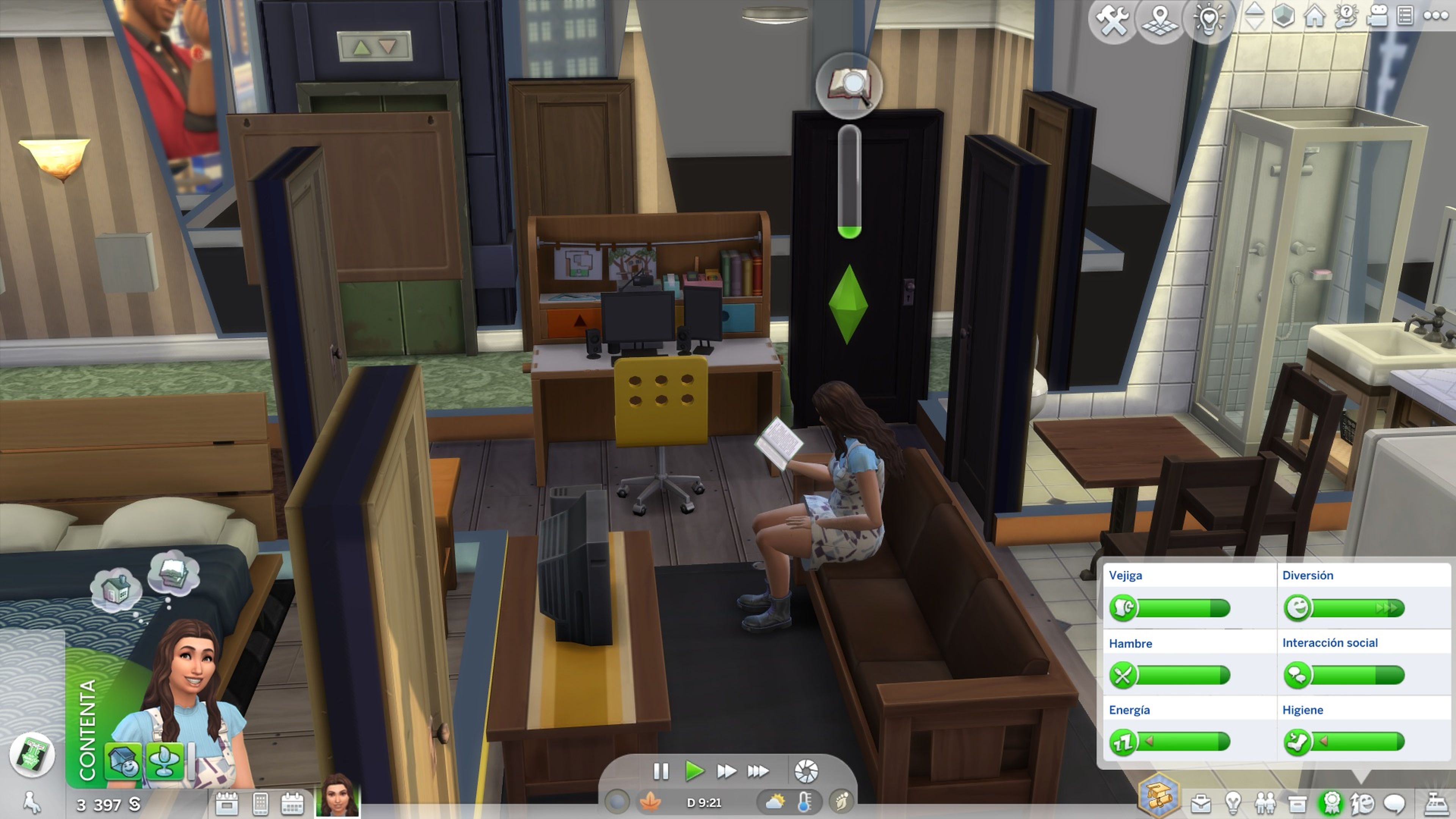 Captura de pantalla de Los Sims 4. Un Sim lee un libro para aprender una nueva habilidad.