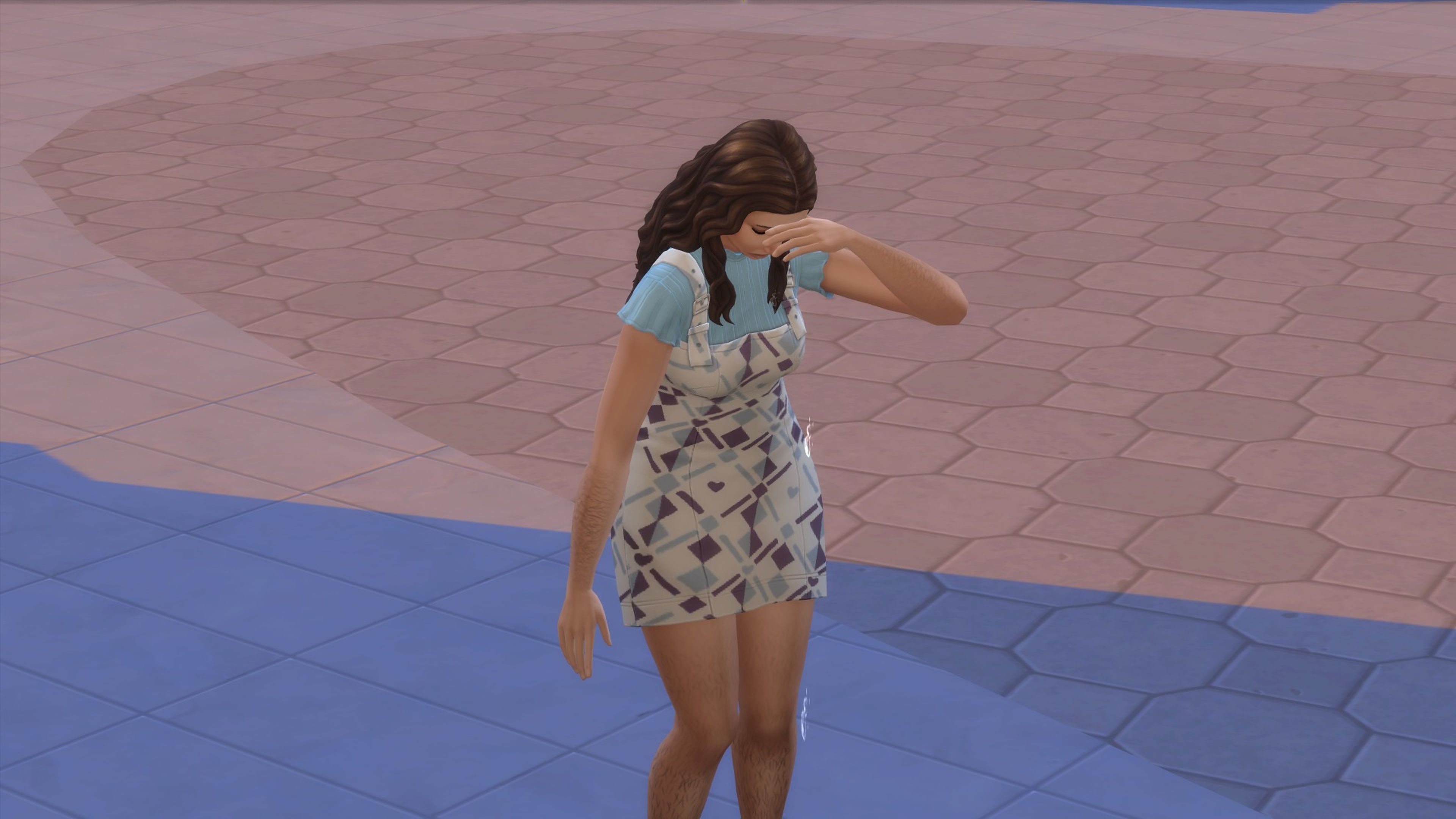 Captura de pantalla de Los Sims 4. Un sim llora por la calle.