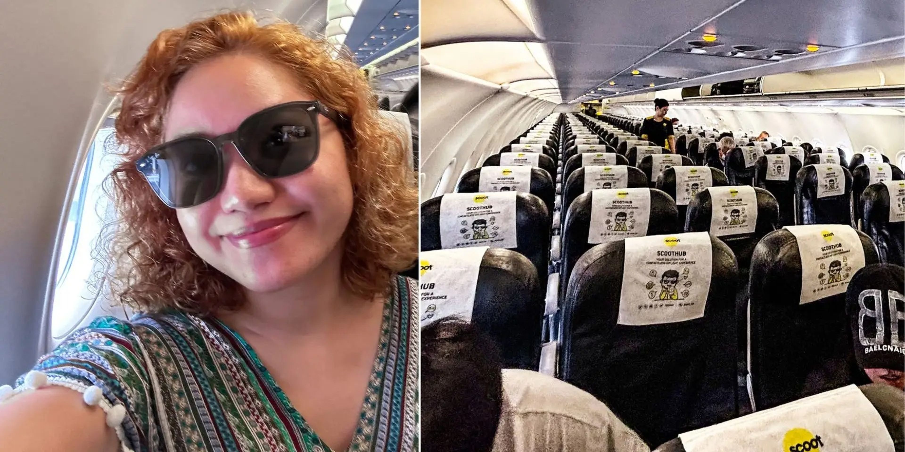 A composite image of a selfie of the author seated on the plane and a photo of the plane's seats.
