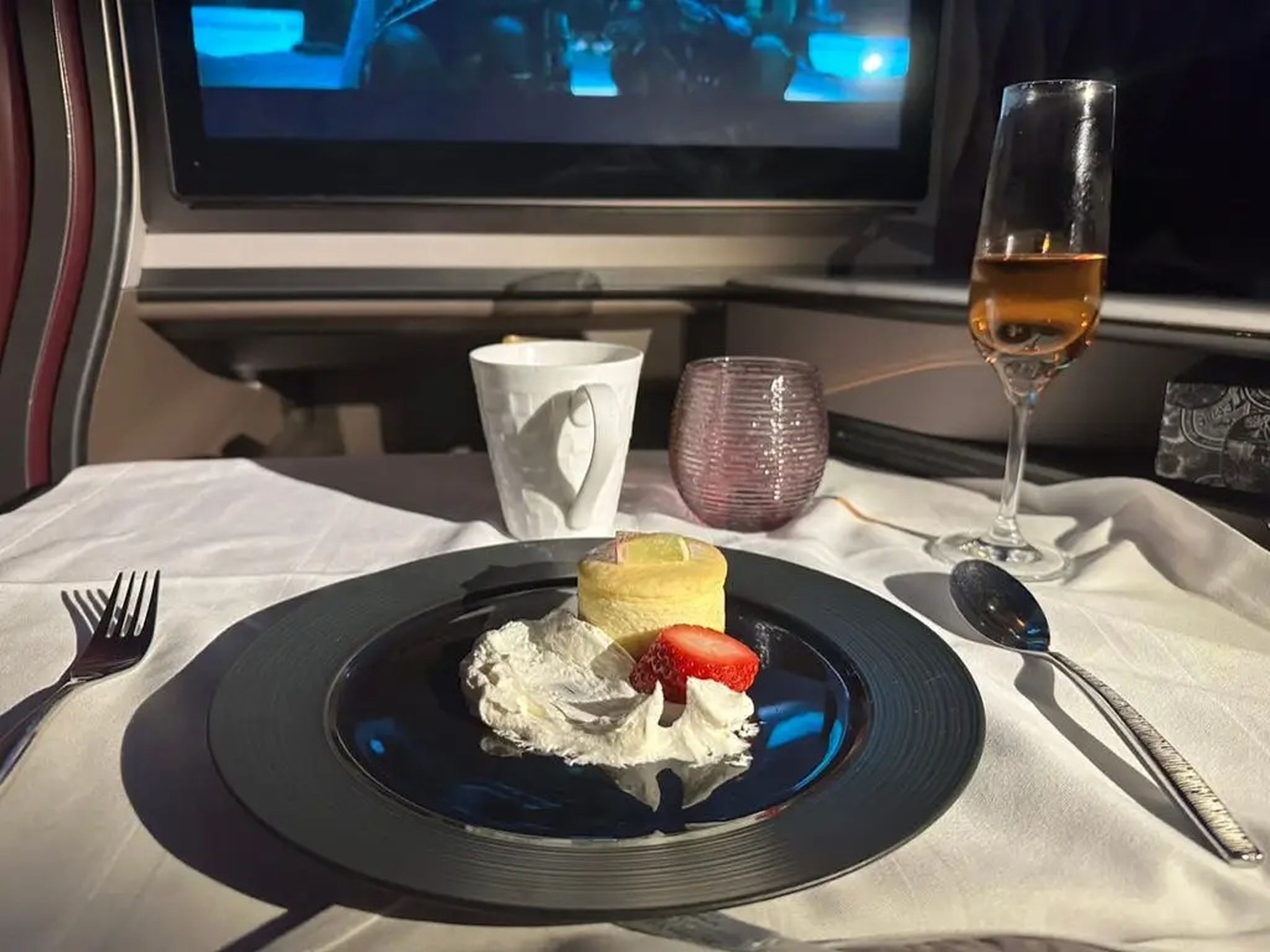 Dessert on a Qatar Airways flight.