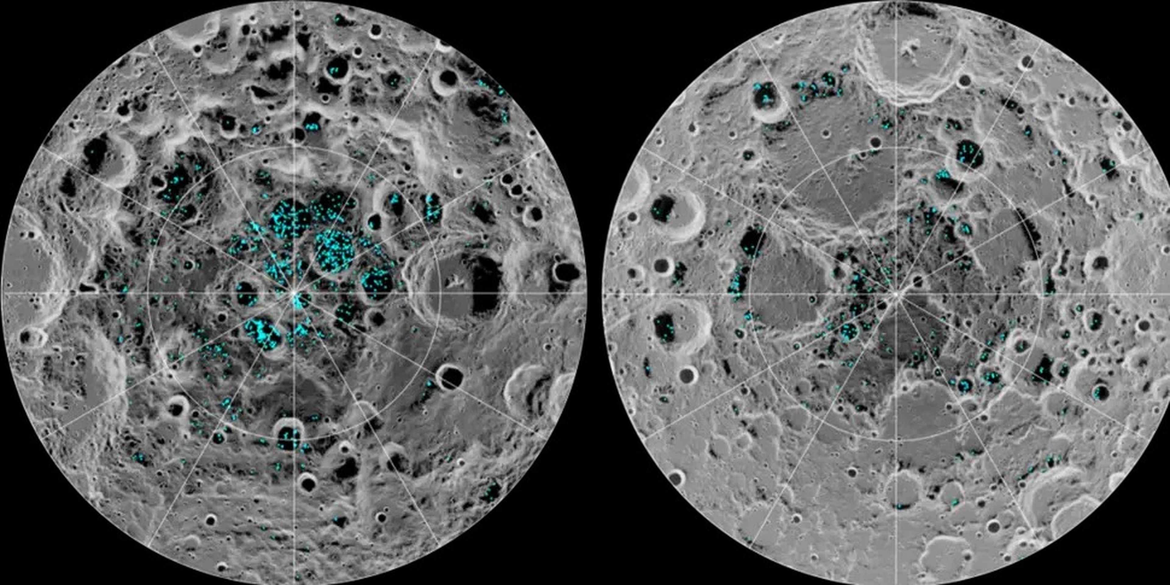 Distribución del hielo superficial en los polos sur (izquierda) y norte (derecha) de la Luna.