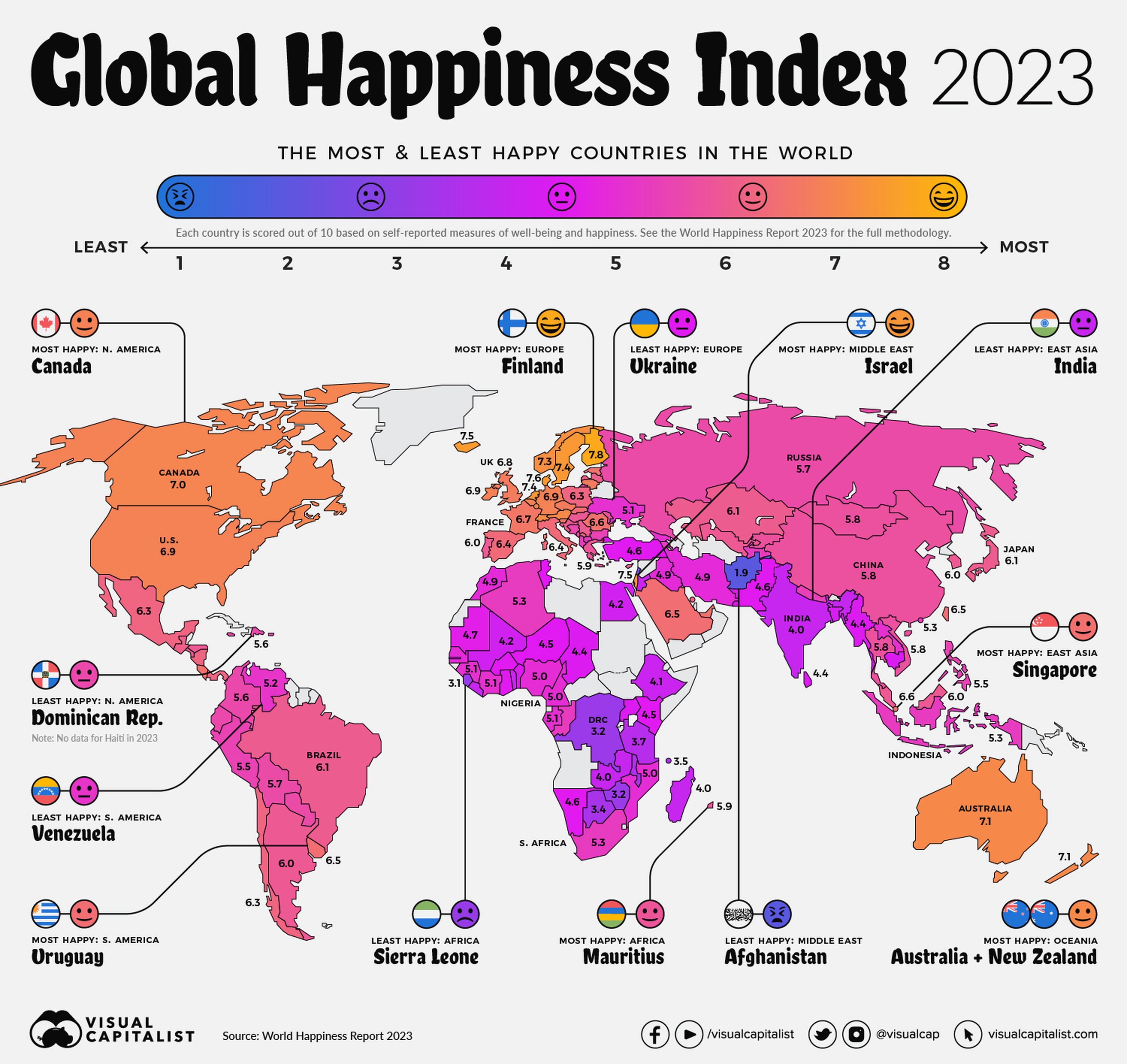 Mapa de la felicidad en el mundo, 2023