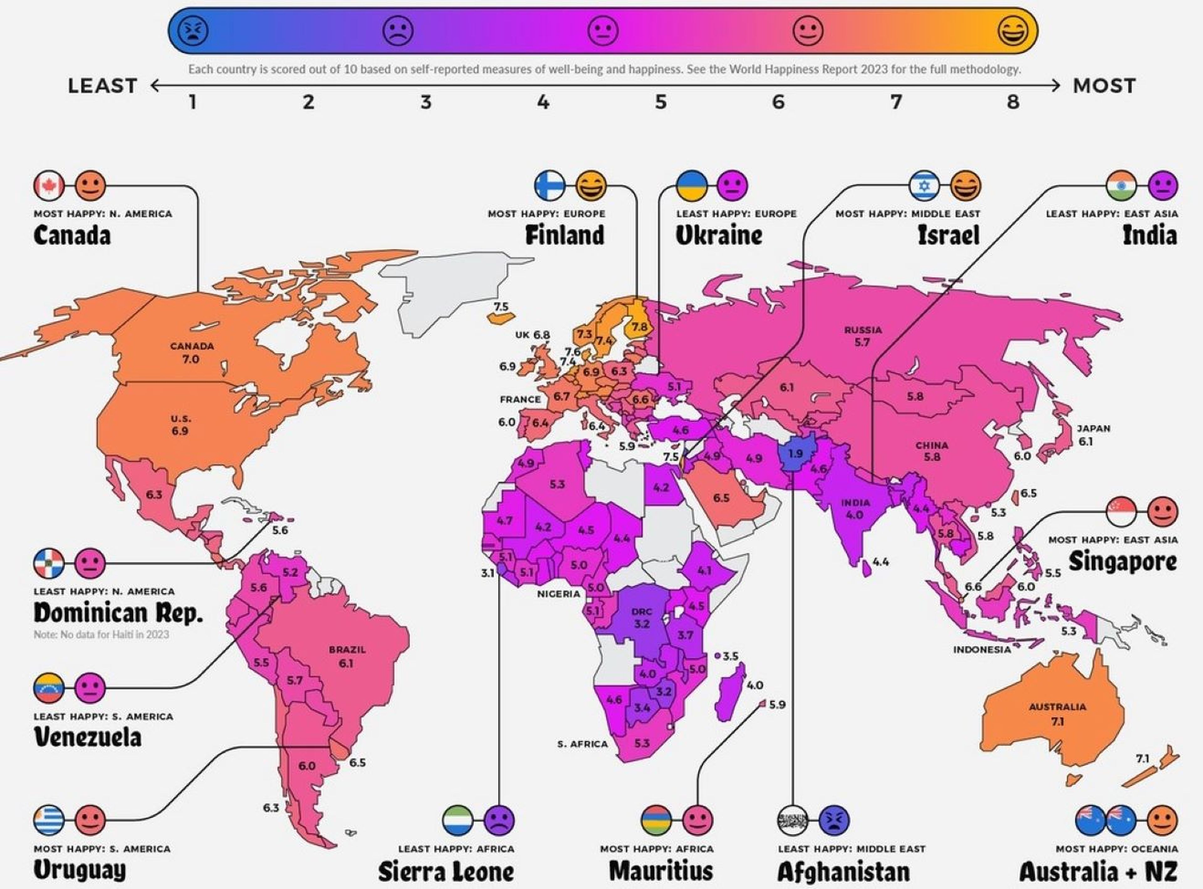 Mapa de la felicidad en el mundo: índice global de 2023.