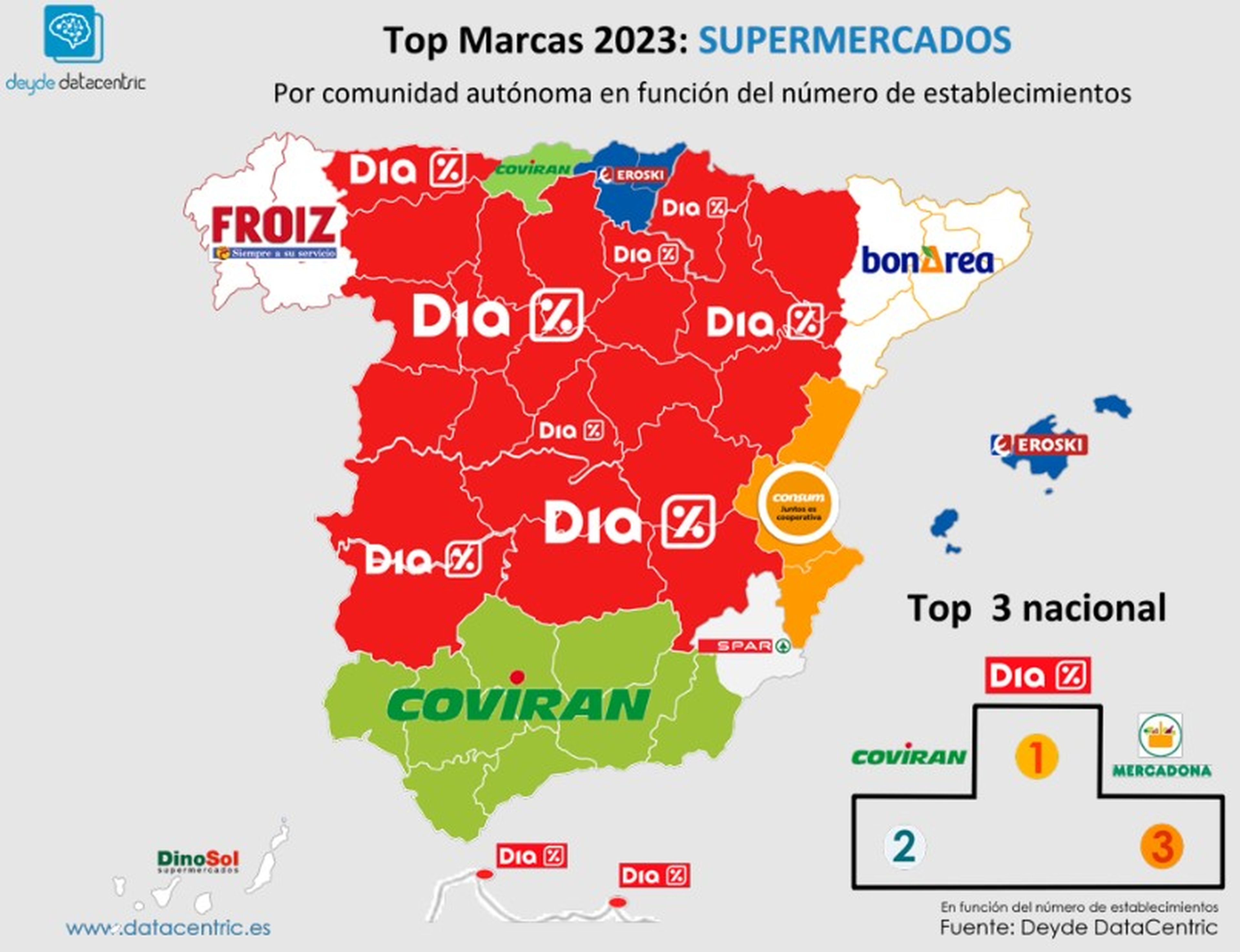 Mapa de supermercados con mayor número de establecimientos en España, 2023
