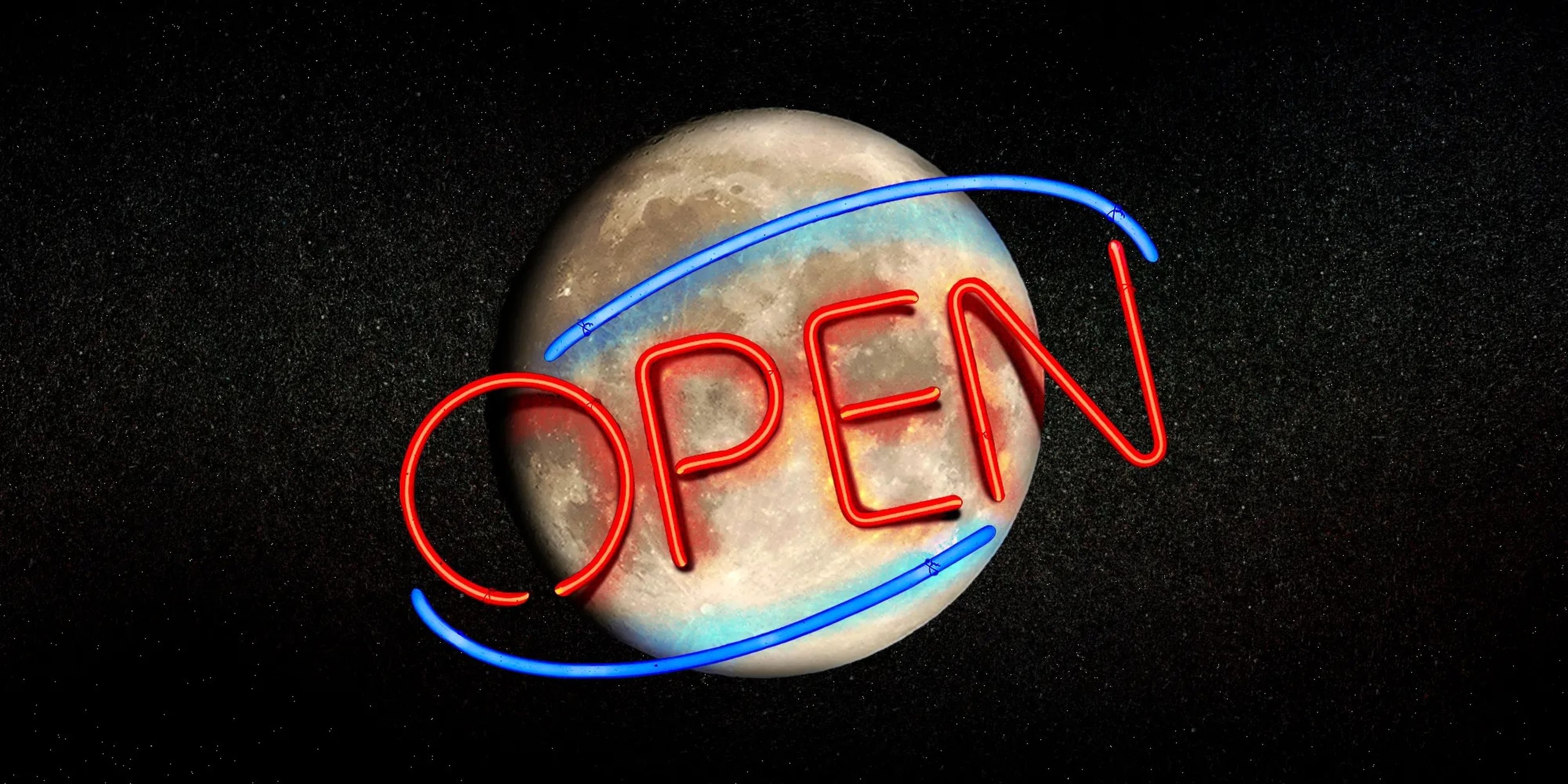 La Luna con un cartel de 'abierto'