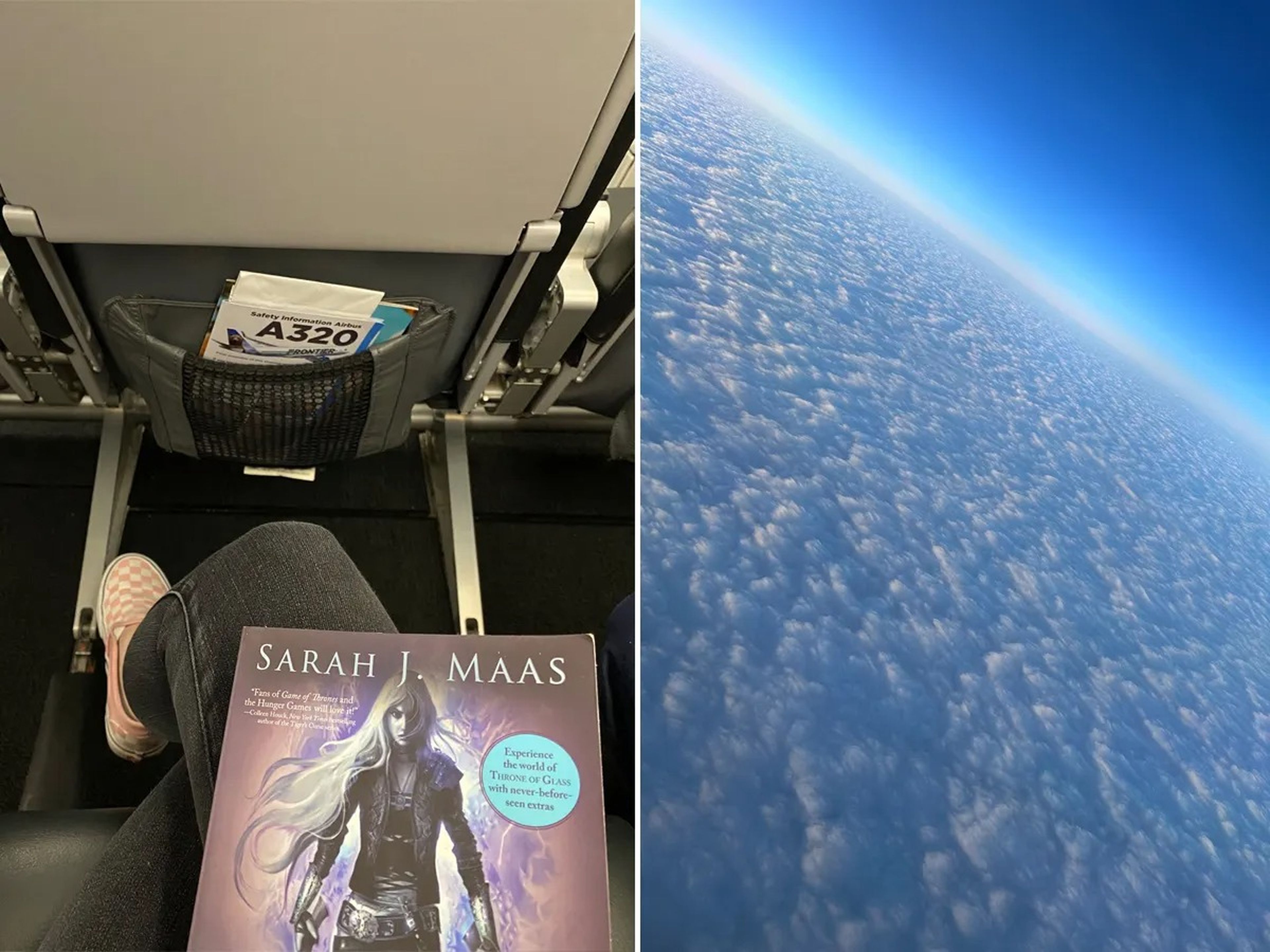 A plane seat (left) and the view from a plane window (right).
