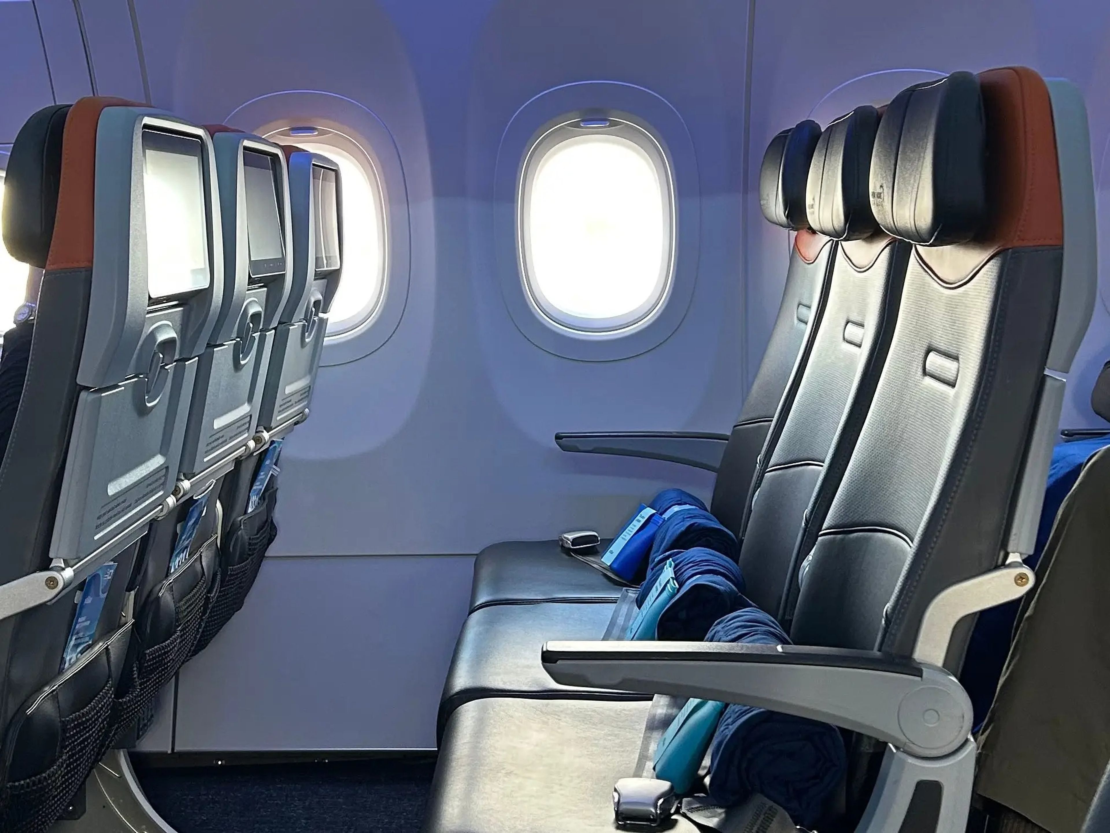 A row of Even More Space seats on a JetBlue flight.