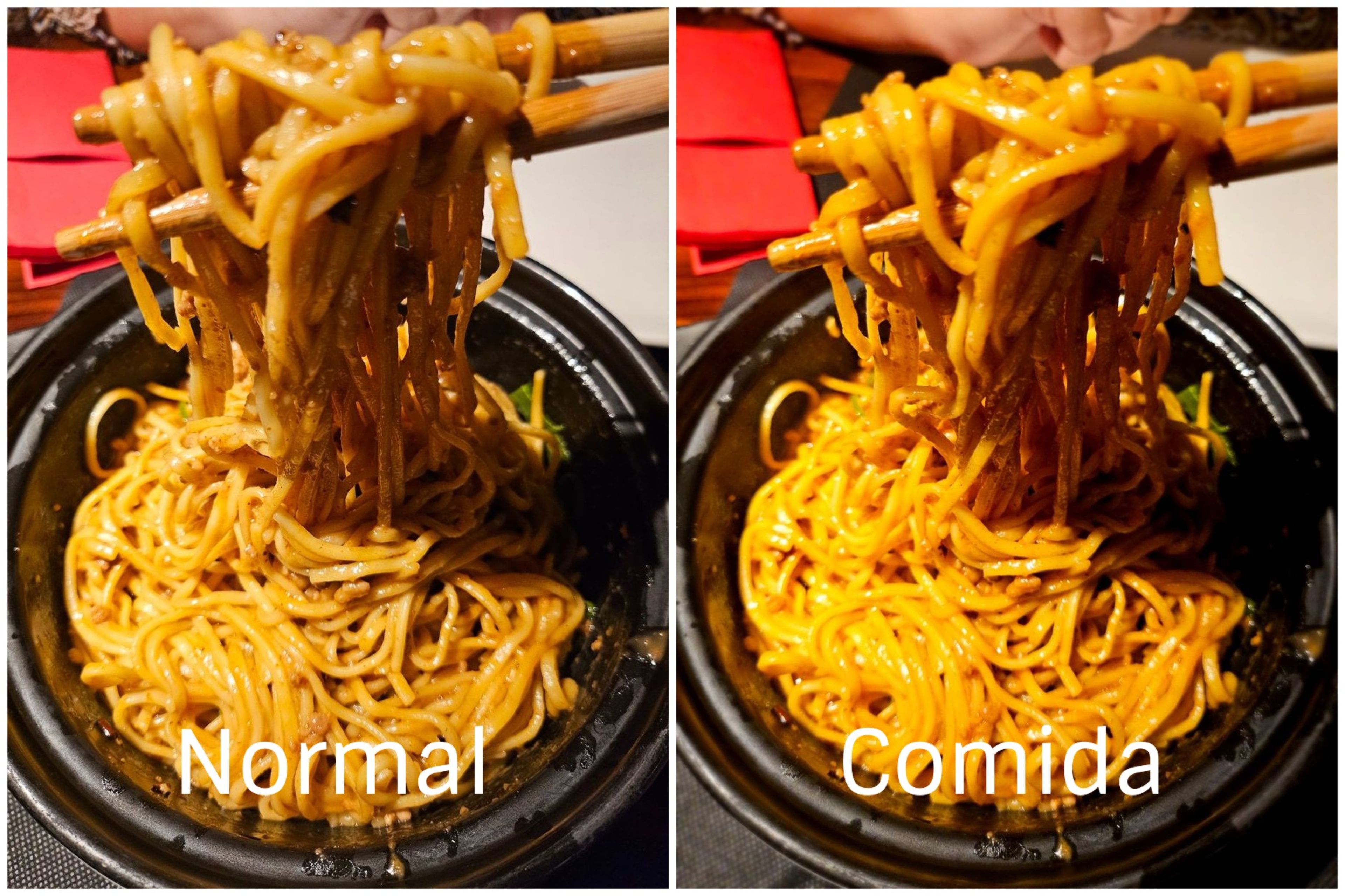 Aunque la foto de la derecha puede parecer más suculenta, en realidad el plato se parecía mucho más al modo normal: eran tallarines chinos, no pasta con yemas de huevo.