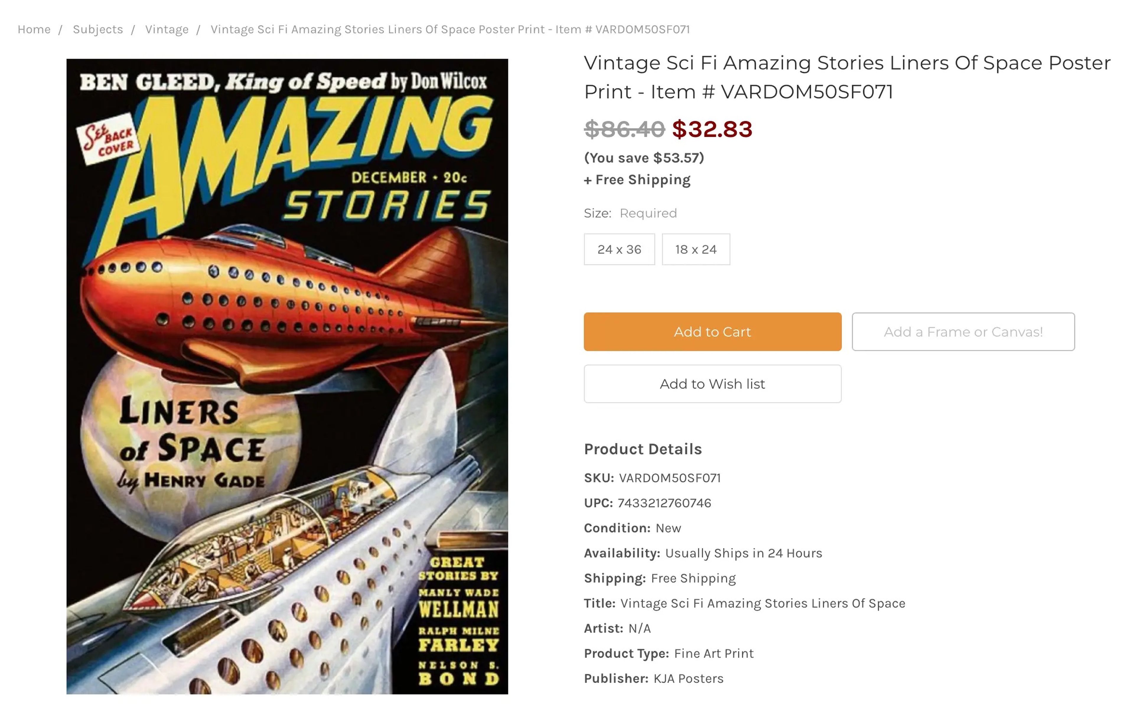 A screenshot of Posterazzi's listing for an "Amazing Stories" poster.