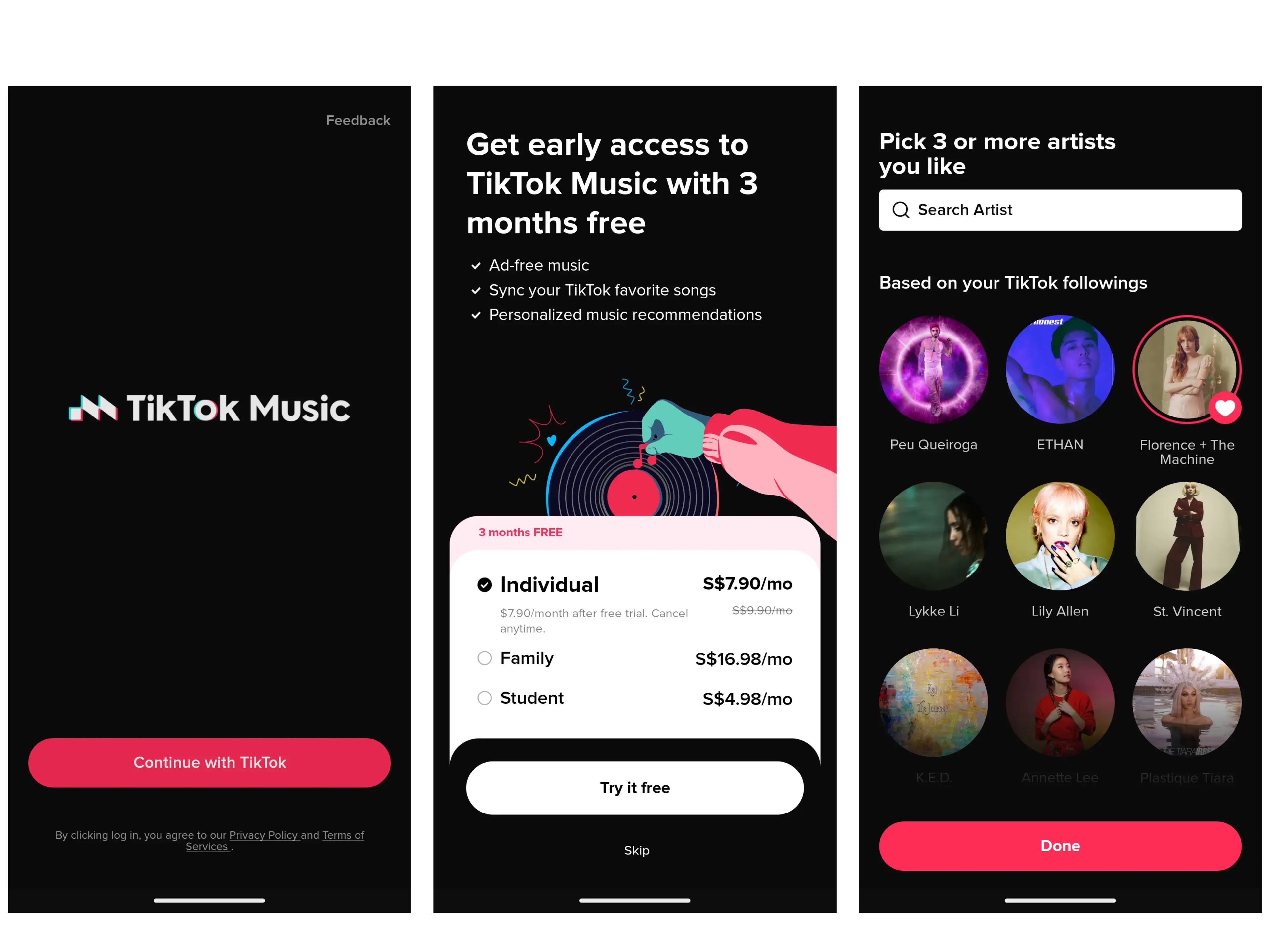 Screenshots of signup process on TikTok Music