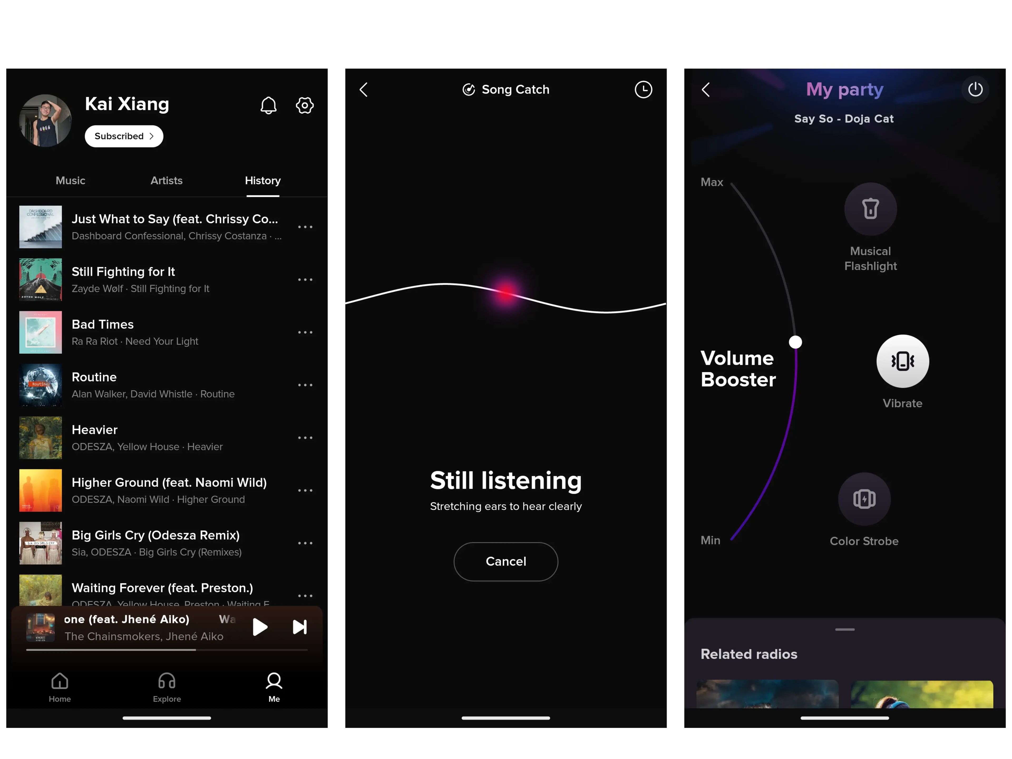 Screenshots of TikTok Music's history page, music identifier, and party mode.