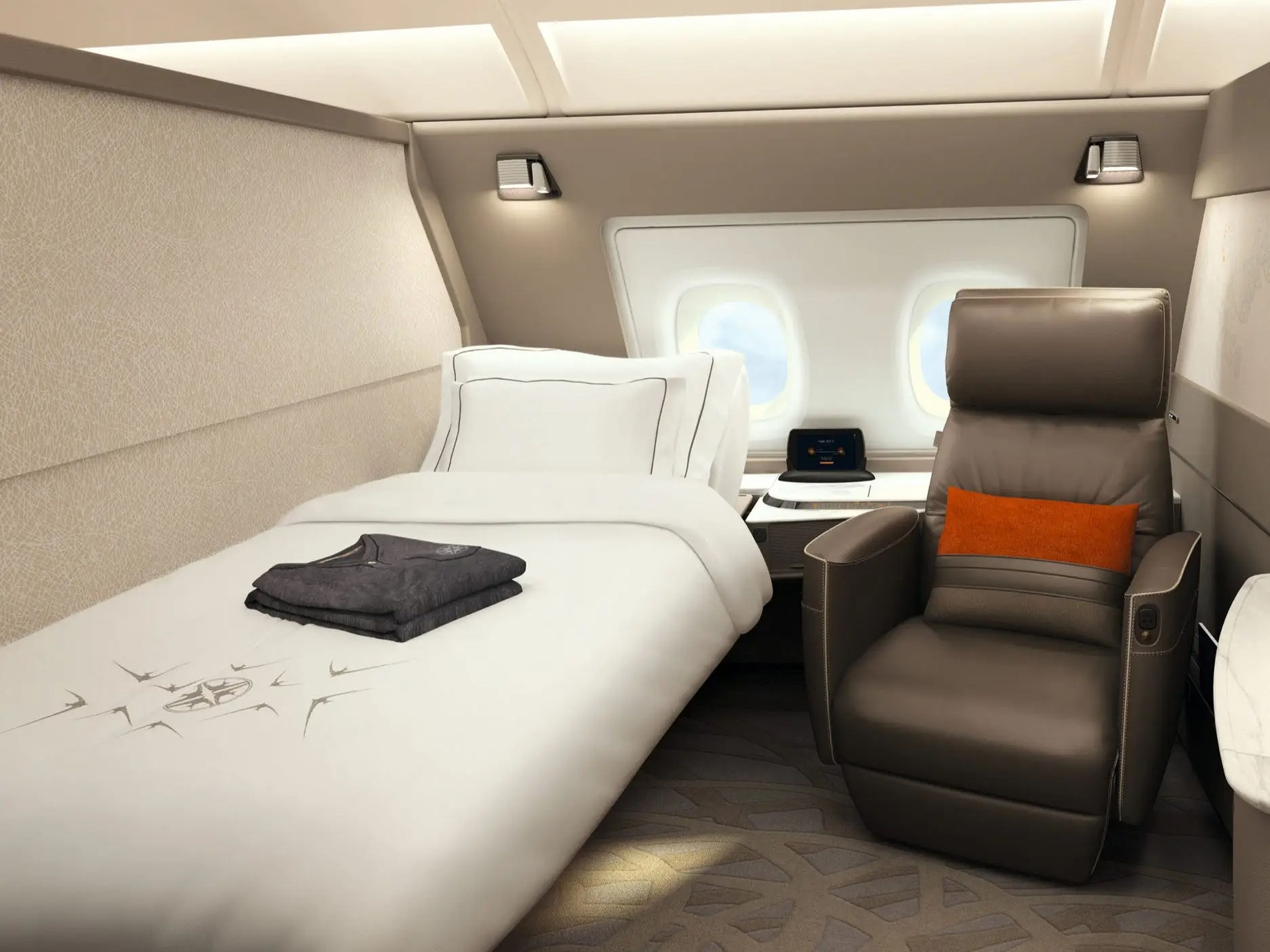 Una suite de primera clase a bordo de un Airbus A380 de Singapore Airlines.