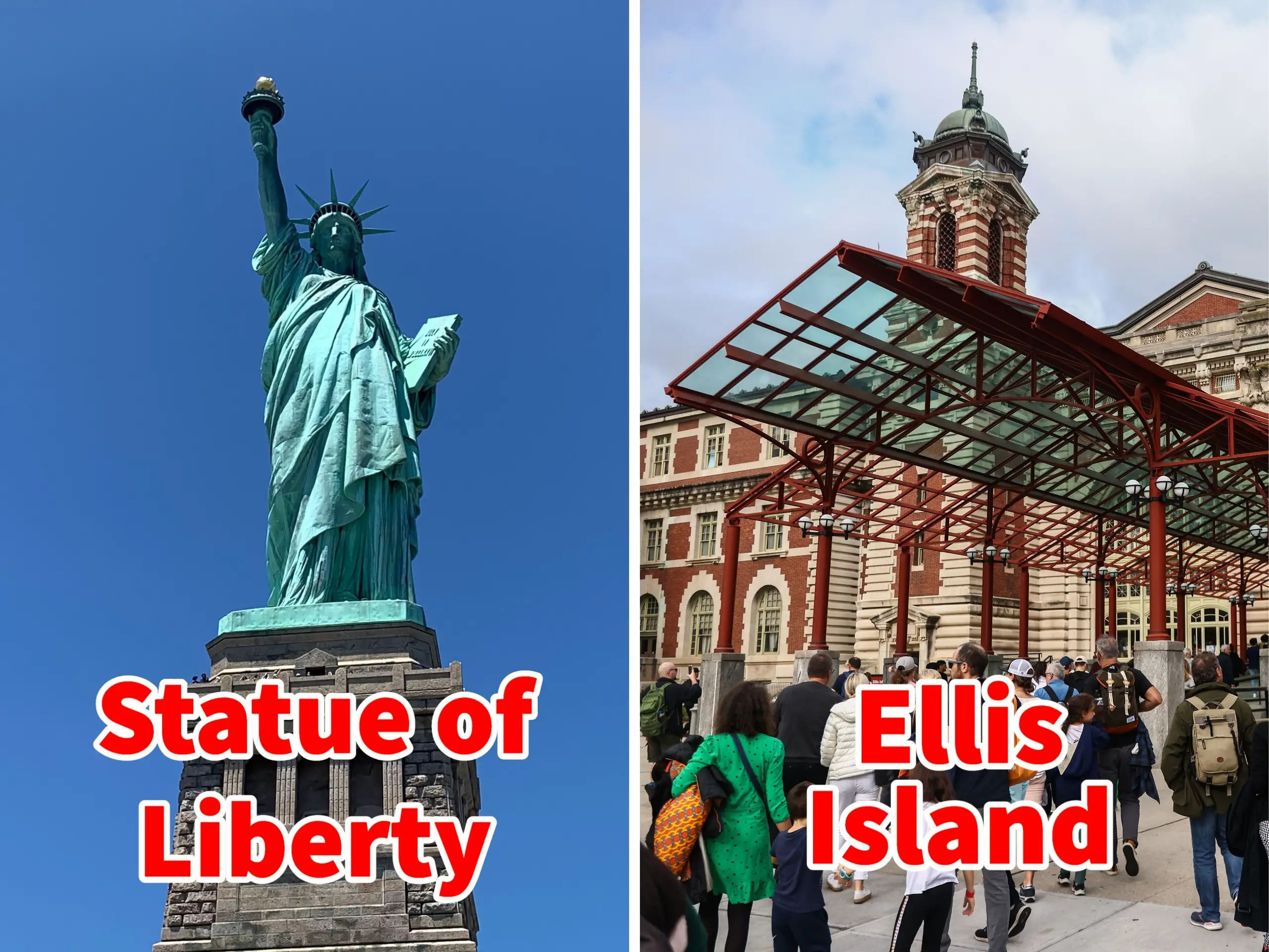 Estatua de la Libertad (izquierda) y Museo Nacional de la Inmigración en Ellis Island (derecha).