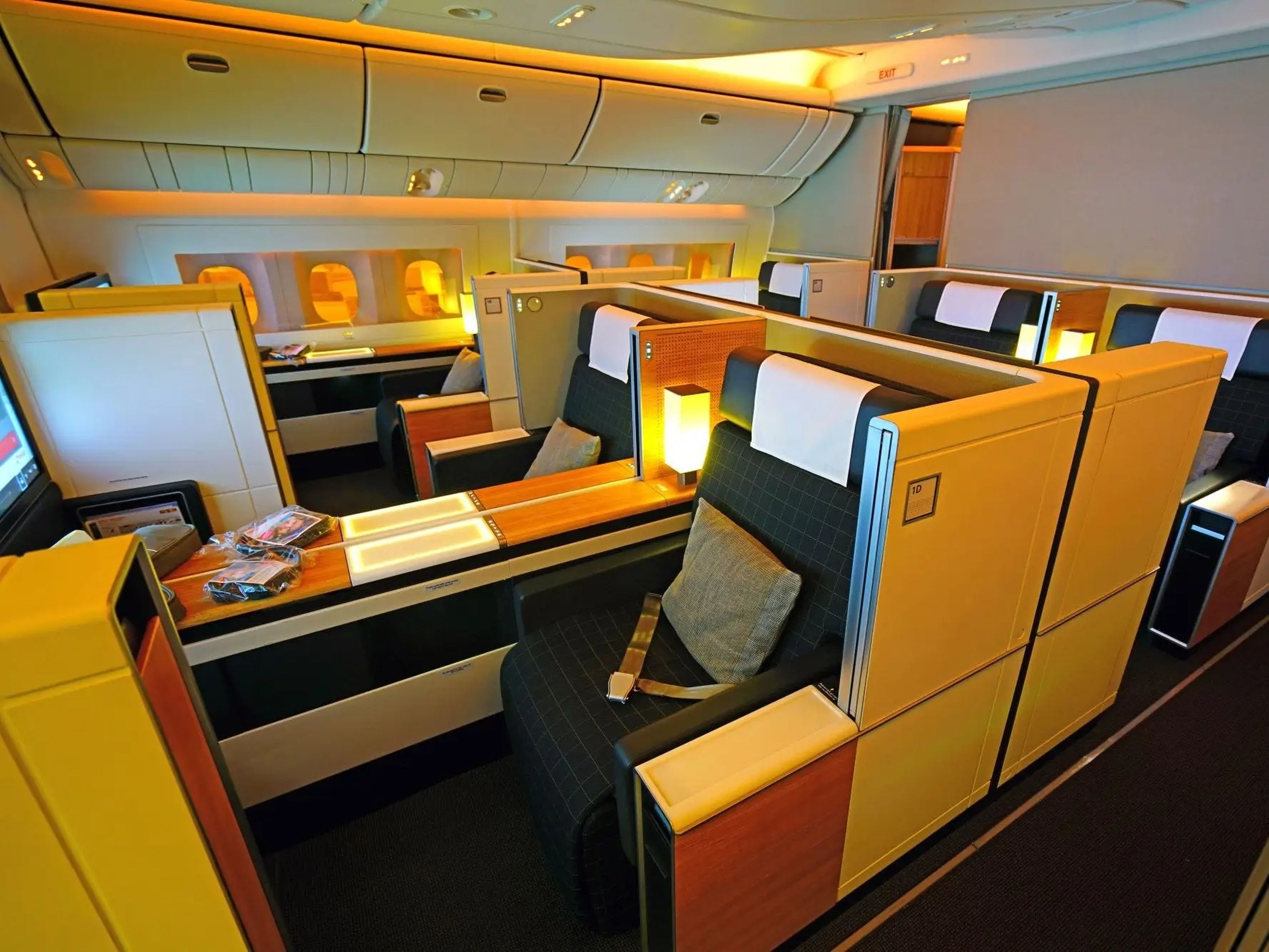 SWISS first class with full view of cabin.