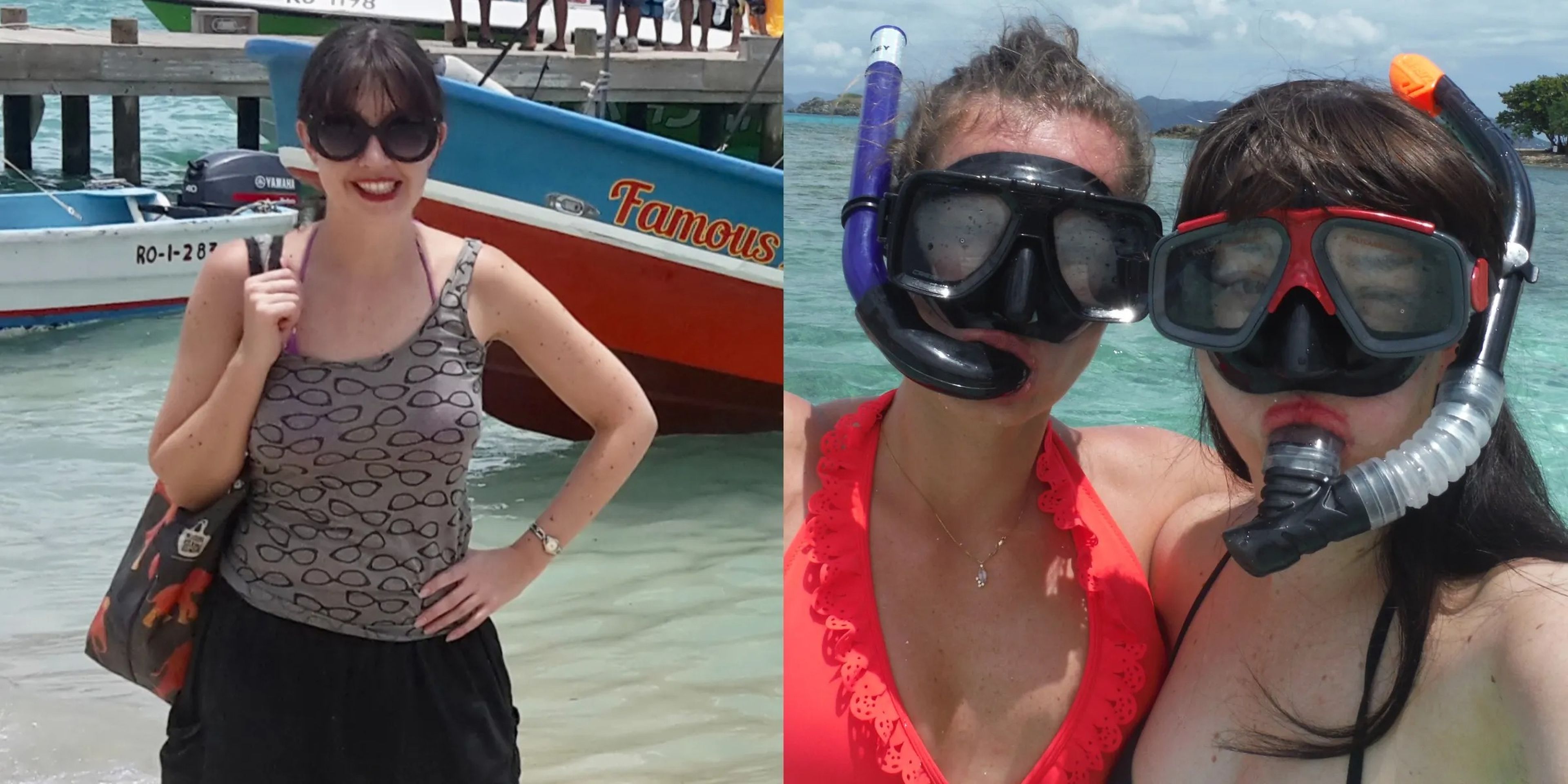 Two side-by-side images of author Sharon Waugh. On the left, Waugh with a beach bag. On the right, Waugh and a friend with snorkeling masks.