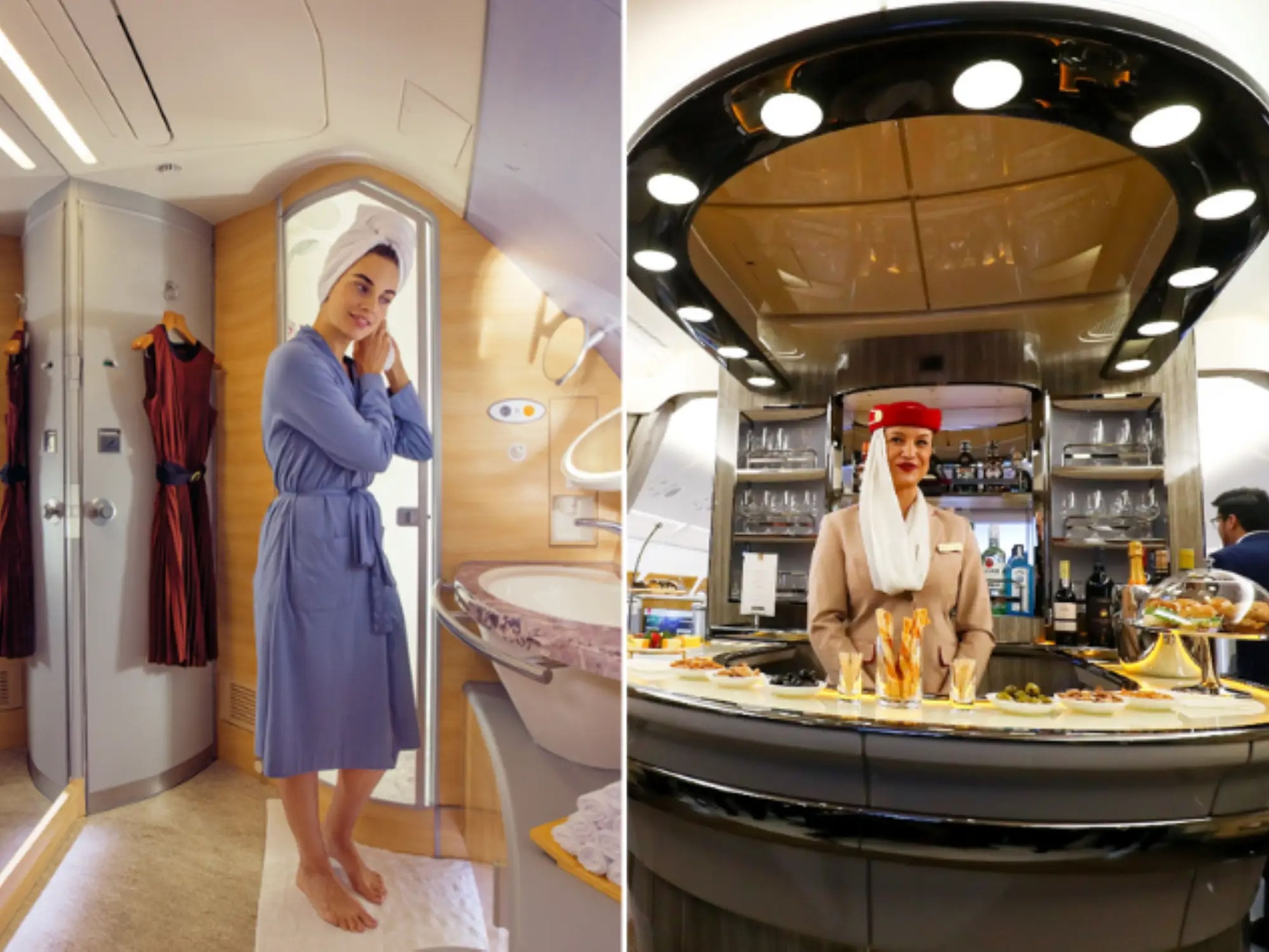 Woman standing in a robe in the Emirates lavatory next to picture of the Emirates bar with a barista.