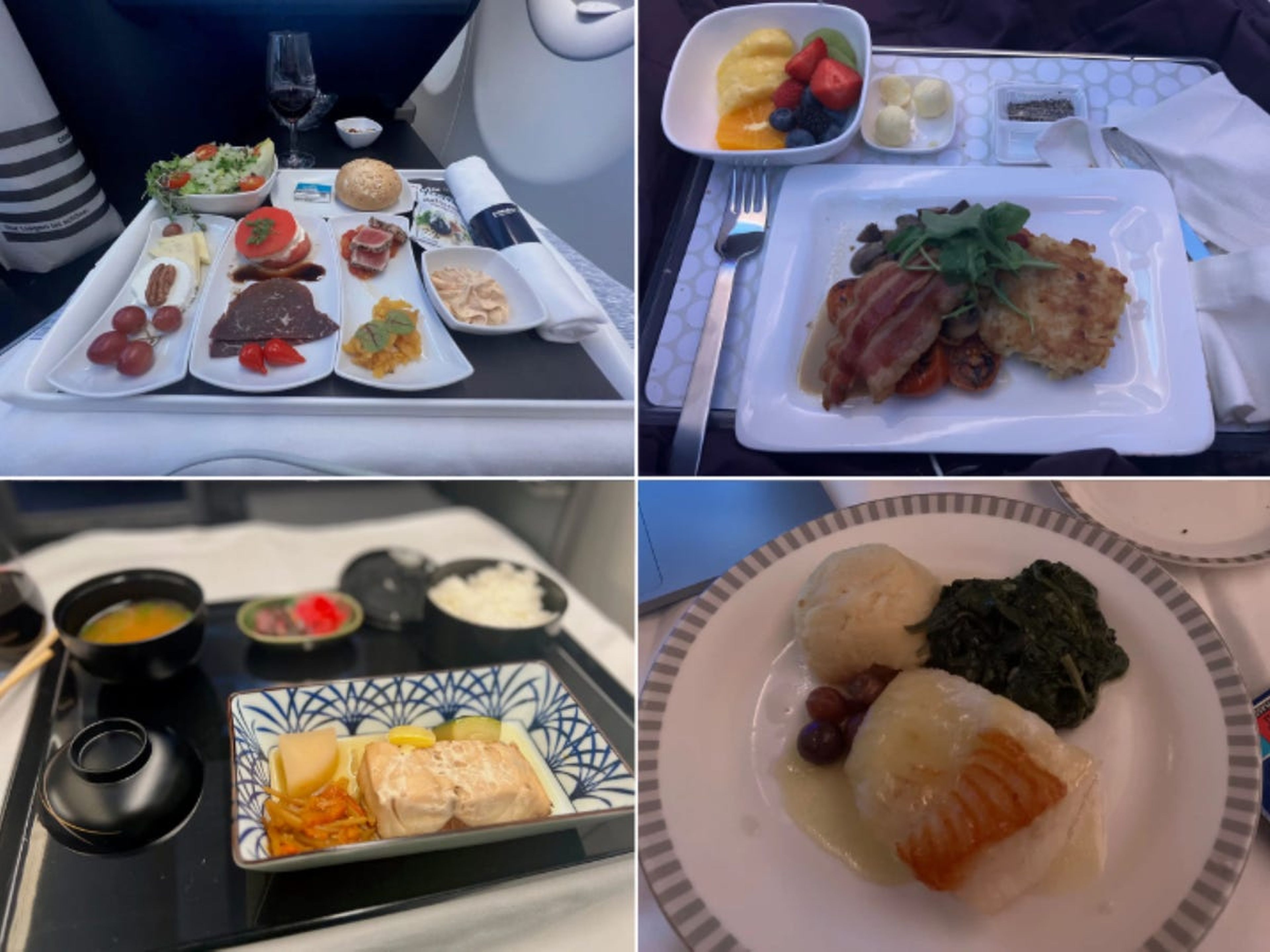 El aperitivo de Condor (arriba a la izquierda), el desayuno de ANZ (arriba a la derecha), la caja bento de ANA (abajo a la izquierda) y las patatas picantes de Singapore Airlines (abajo a la derecha).