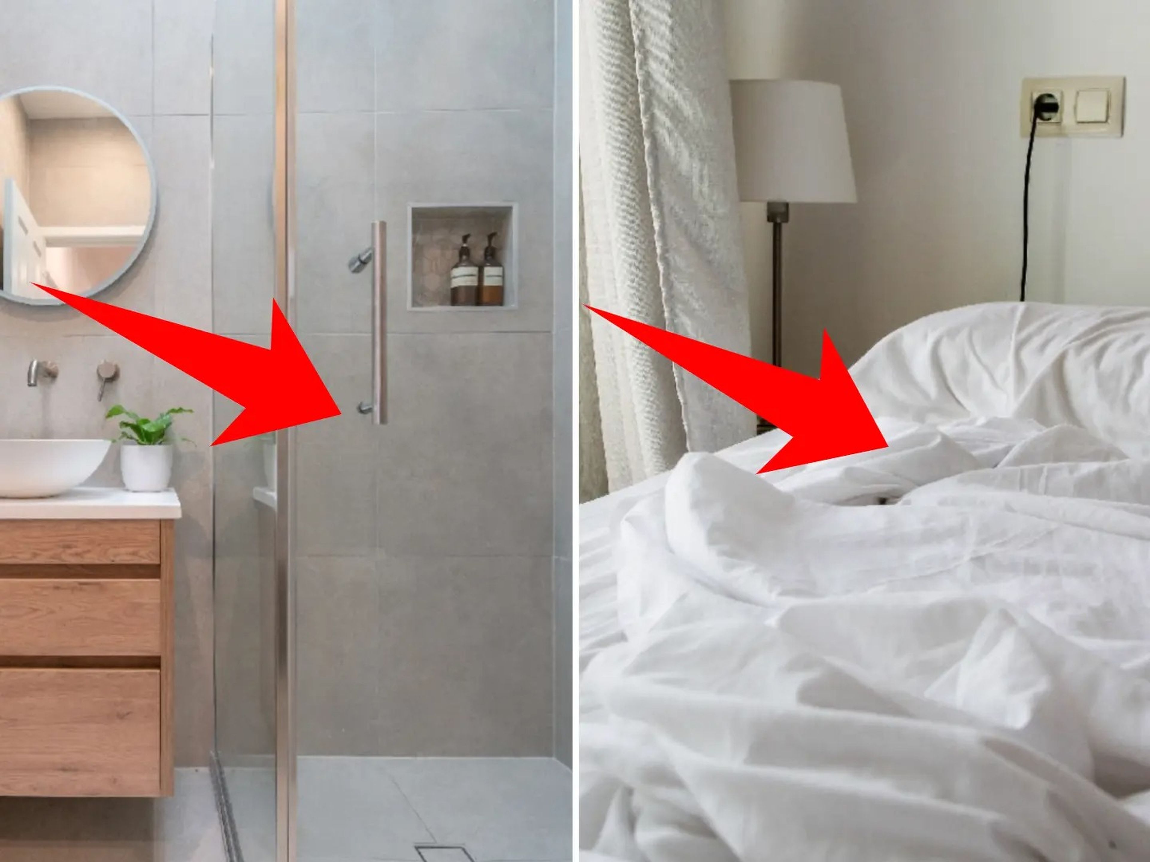 Arrows pointing to a shower (left) and a bed (right).