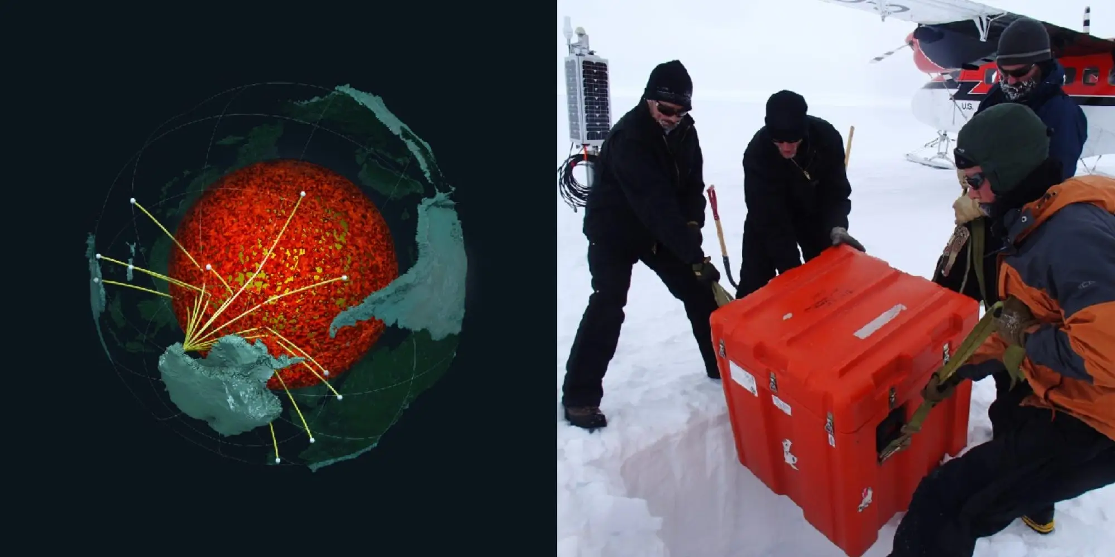 Junto a una imagen de científicos colocando equipos sísmicos en la Antártida aparece una ilustración conceptual del aspecto que tendría la estructura alrededor del núcleo.