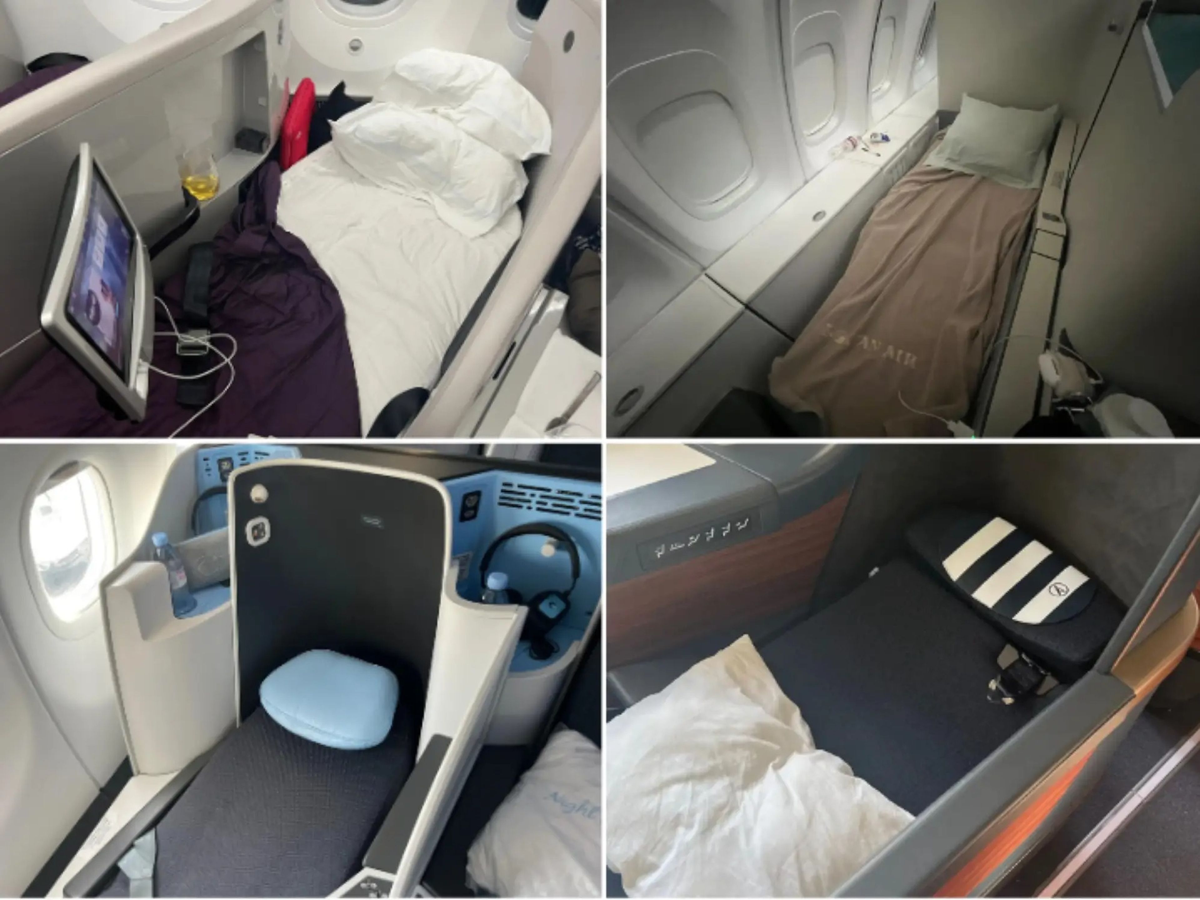 Las camas más estrechas de la clase business: Air New Zealand (arriba a la izquierda), Korean Air (arriba a la derecha), La Compagnie (abajo a la izquierda) y Condor (abajo a la derecha).
