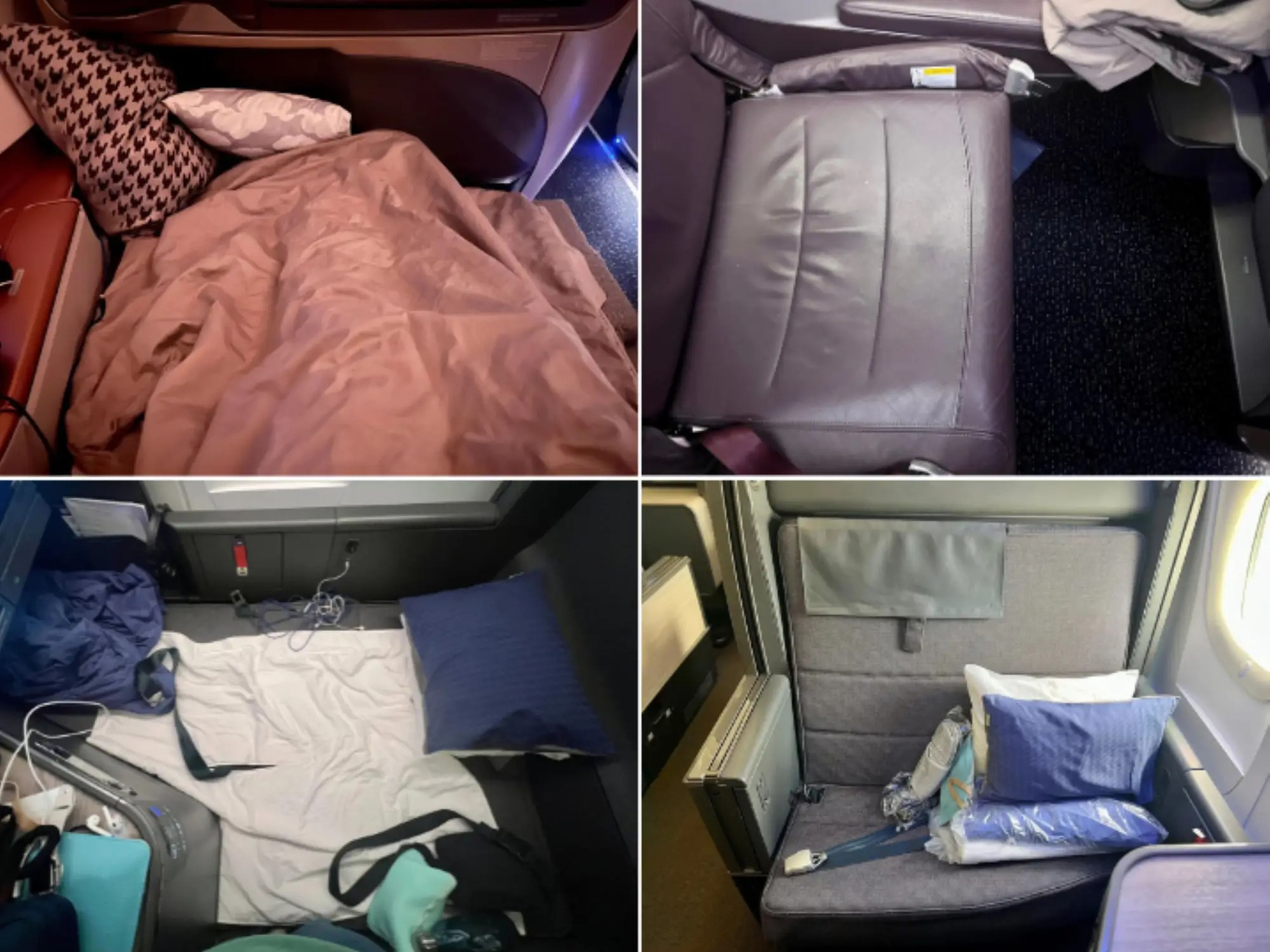 La anchura de los asientos de Singapore Airlines (arriba) y ANA (abajo), y su tamaño cuando se convierten en camas.