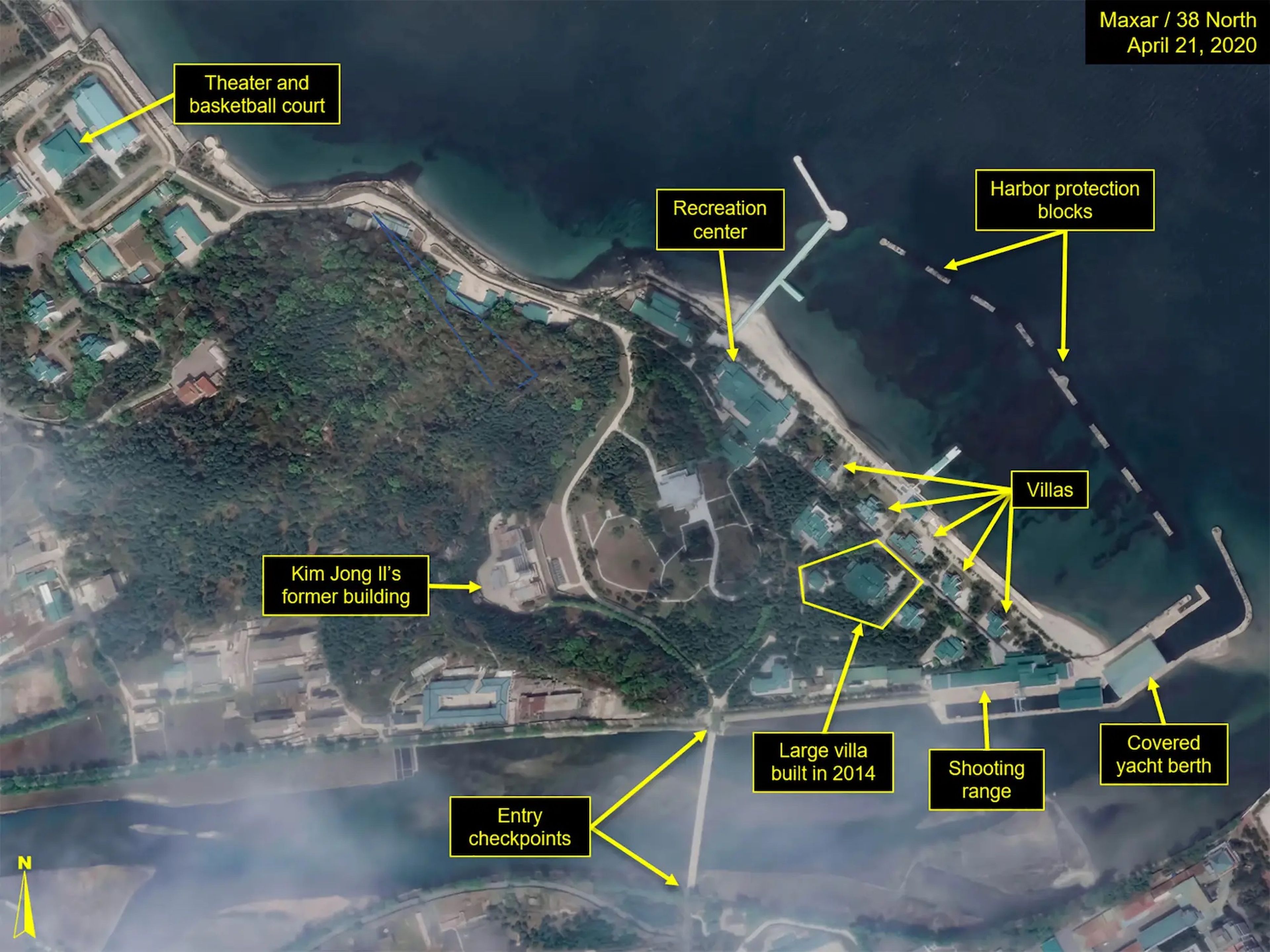 El complejo de Kim Jong Un se ve en una imagen de satélite con gráficos tomada sobre Wonsan el 21 de abril de 2020.