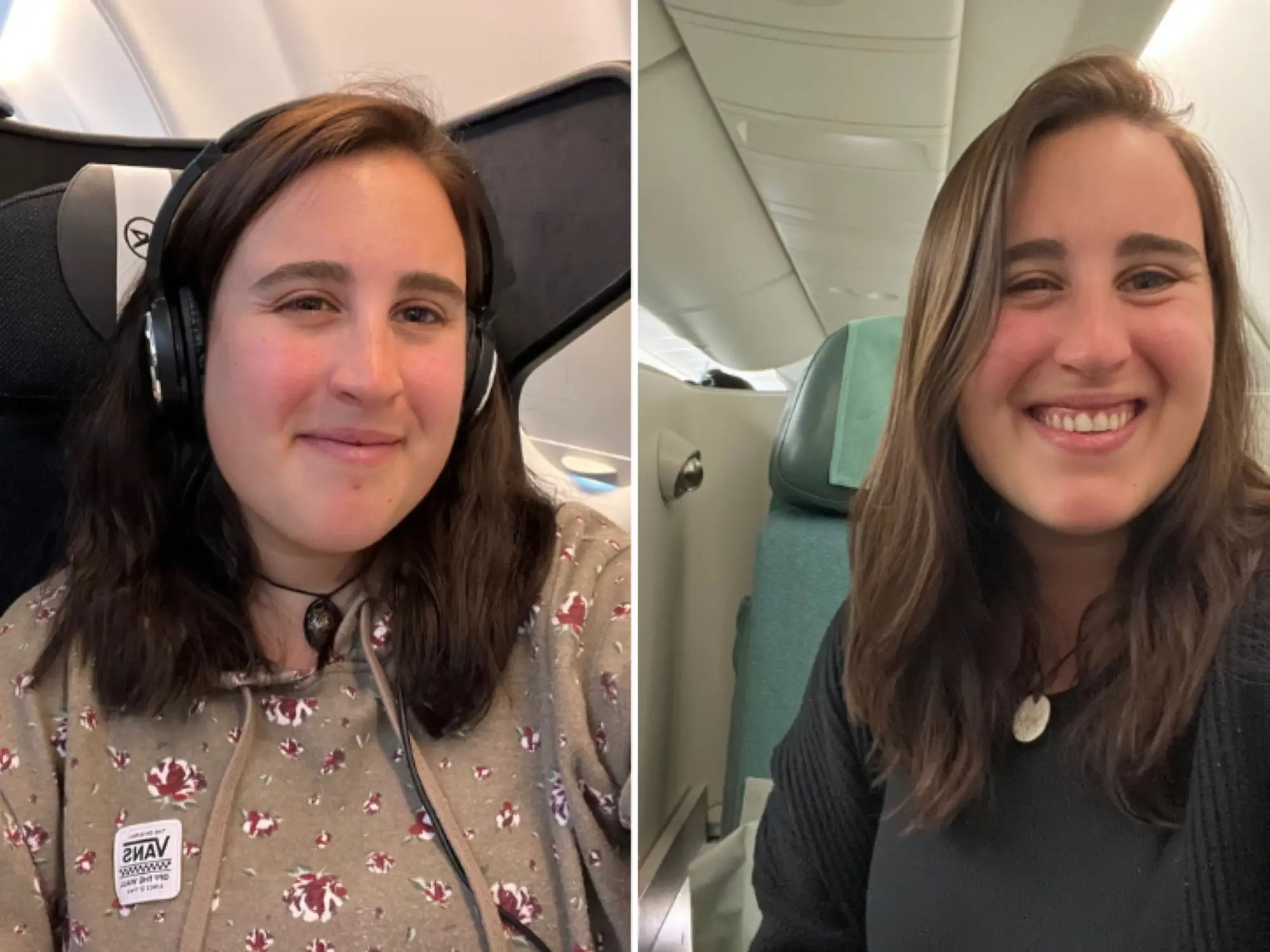 A composite image of selfies of the author in business class on Condor and on Korean.